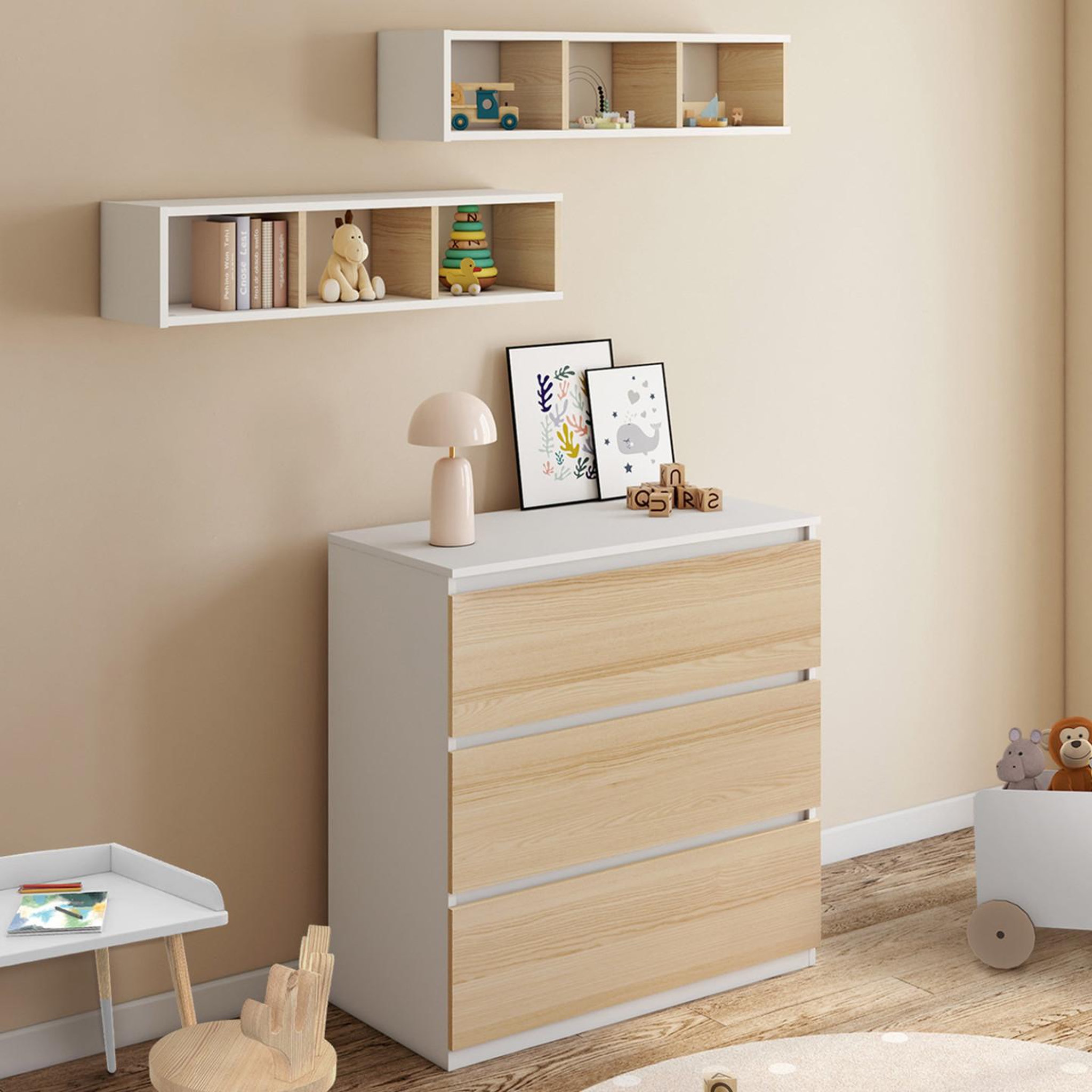 Voir la diapositive 3 : ID MARKET Commode à langer évolutive ambre façon hêtre et blanc 3 tiroirs table à langer et 2 étagères amovibles