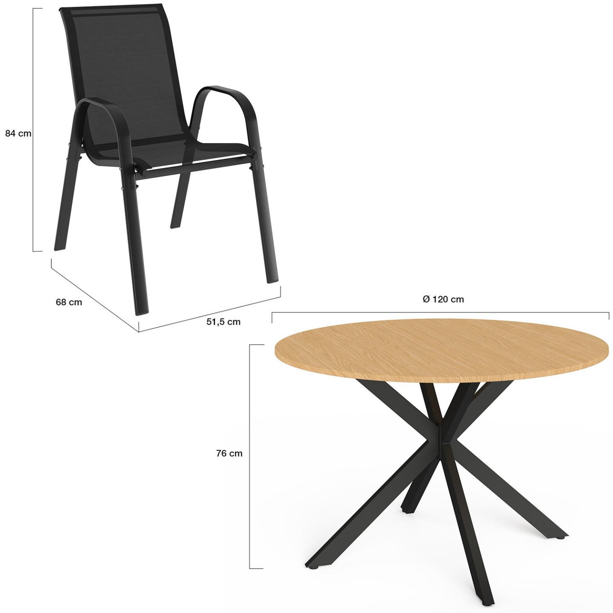Voir la diapositive 5 : ID MARKET Salon de jardin messina table ronde 120 cm pied araignée plateau métal effet bois et 6 chaises empilables noires