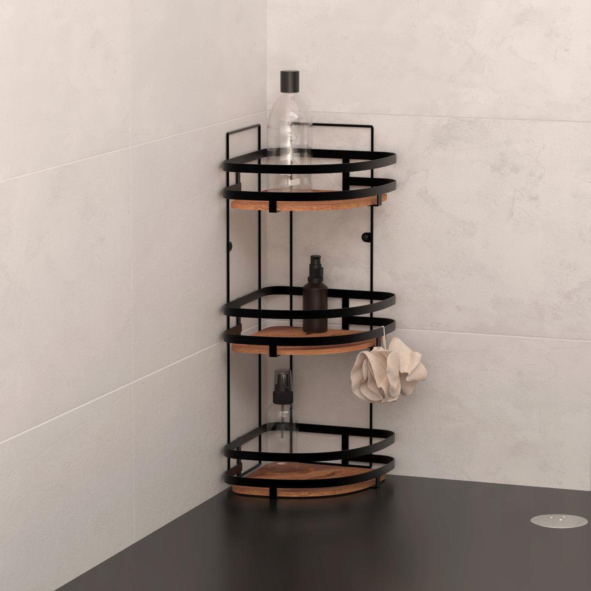 Voir la diapositive 2 : FIVE Étagère d'angle de douche 3 niveaux  blackacia  55cm noir