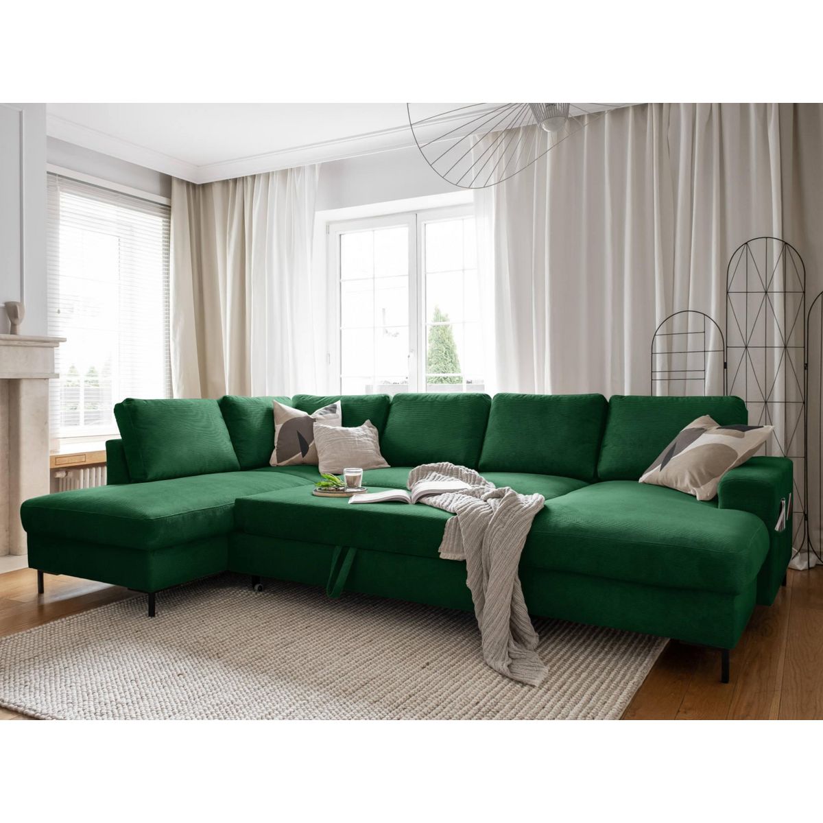 BEST MOBILIER Lilly - canapé panoramique d'angle gauche - 7 places - convertible avec coffre - en velours côtelé