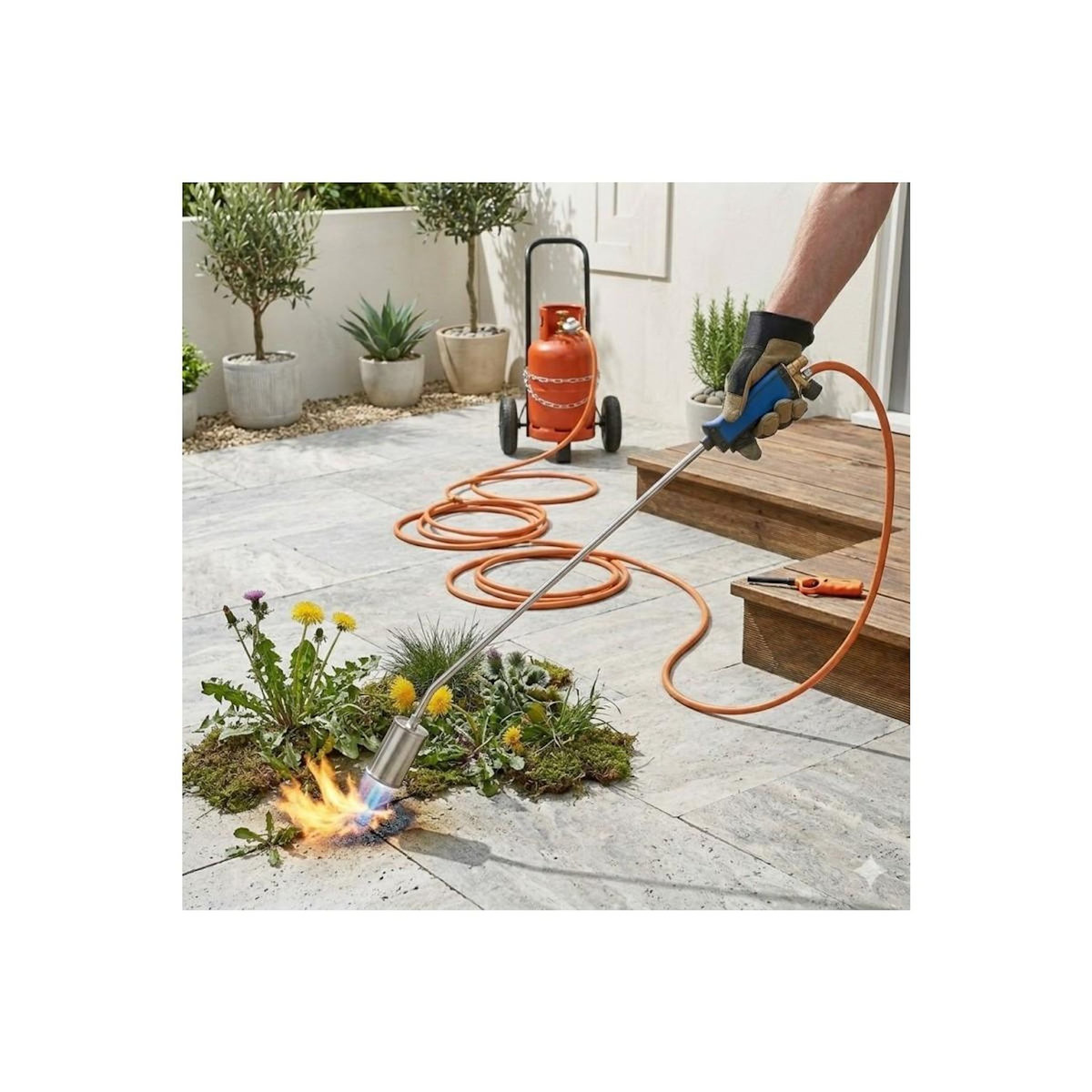 Kemper Desherbeur thermique + Chariot à roues pour bouteille gaz + Allume gaz + Détendeur Gaz Bruleur 60mm Tuyau 5m Désherbage KEMPER