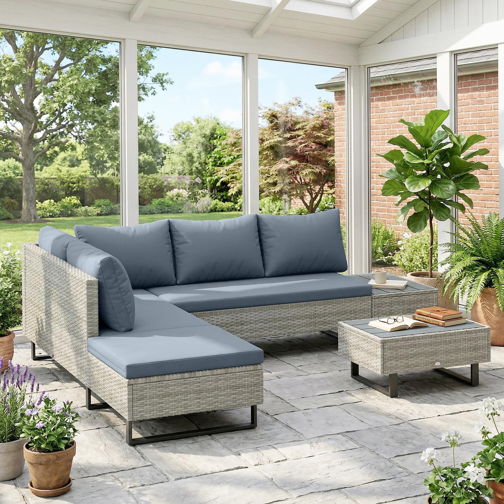 Voir la diapositive 2 : OUTSUNNY Salon de jardin d'angle 5 places méridienne relevable bout canapé table