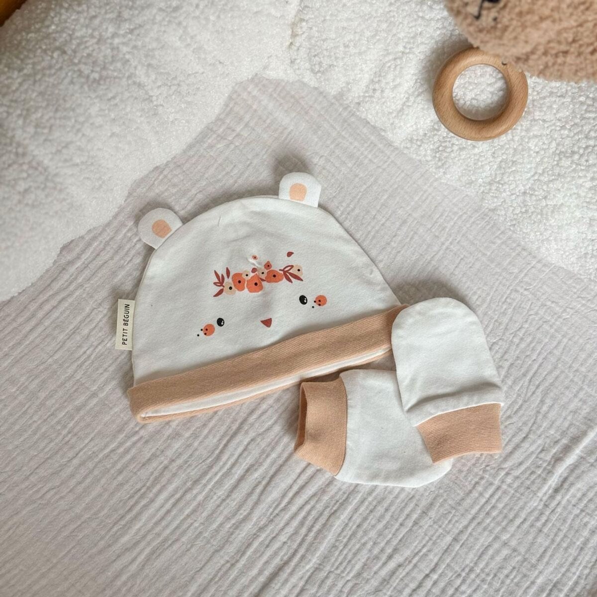 Petit Béguin Bonnet bébé et moufles anti-griffures Miss Plume