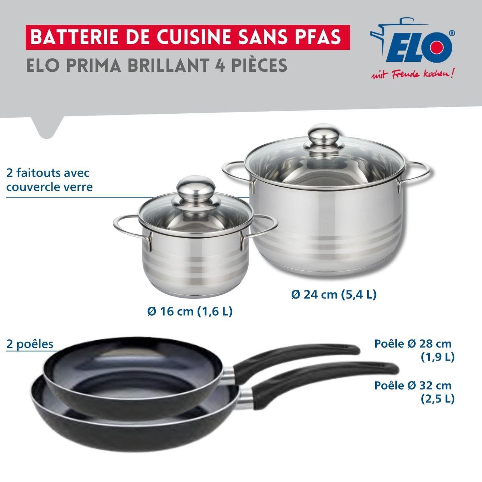 Voir la diapositive 2 : ELO Ensemble de 2 poêles de cuisson 28 et 32 cm et 2 faitouts 16 et 24 cm elo prima brillant