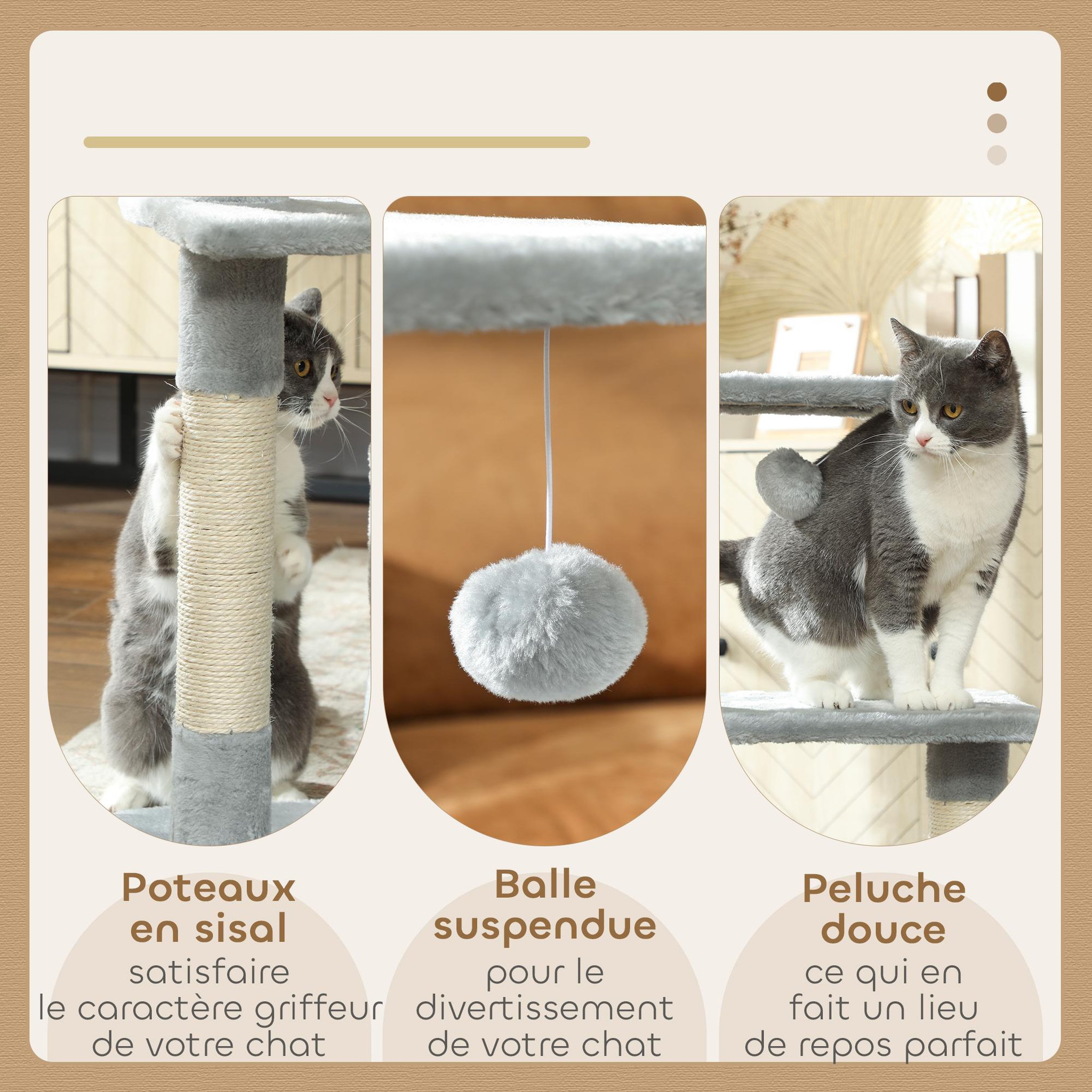Voir la diapositive 4 : PAWHUT Arbre à chat h.81cm niche 3 griffoirs 2 plateformes jeu boule suspendue gris