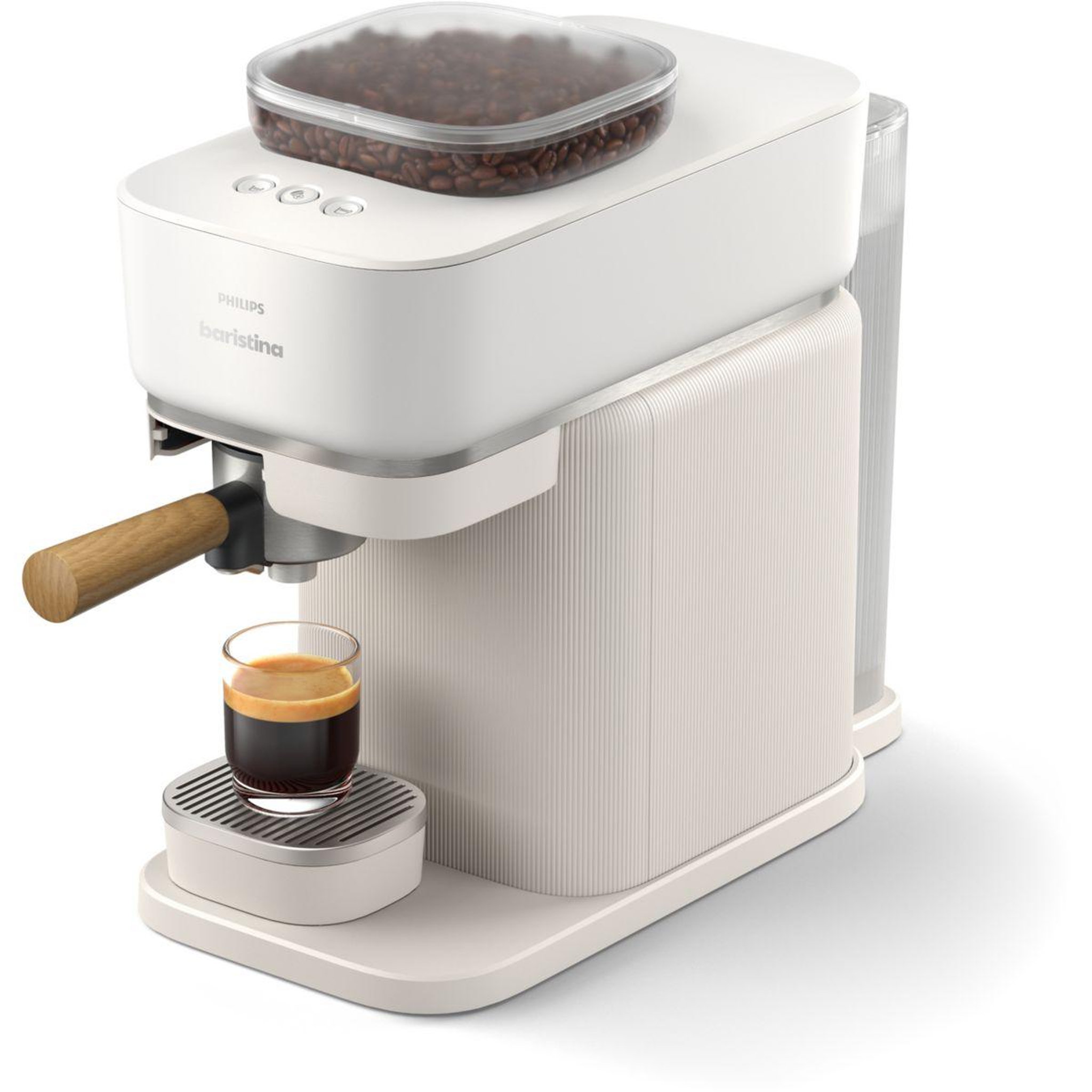 Voir la diapositive 2 : Philips Machine à expresso baristina bar302/20 cafetière à grain blanche + porte-filtre bois de hêtre