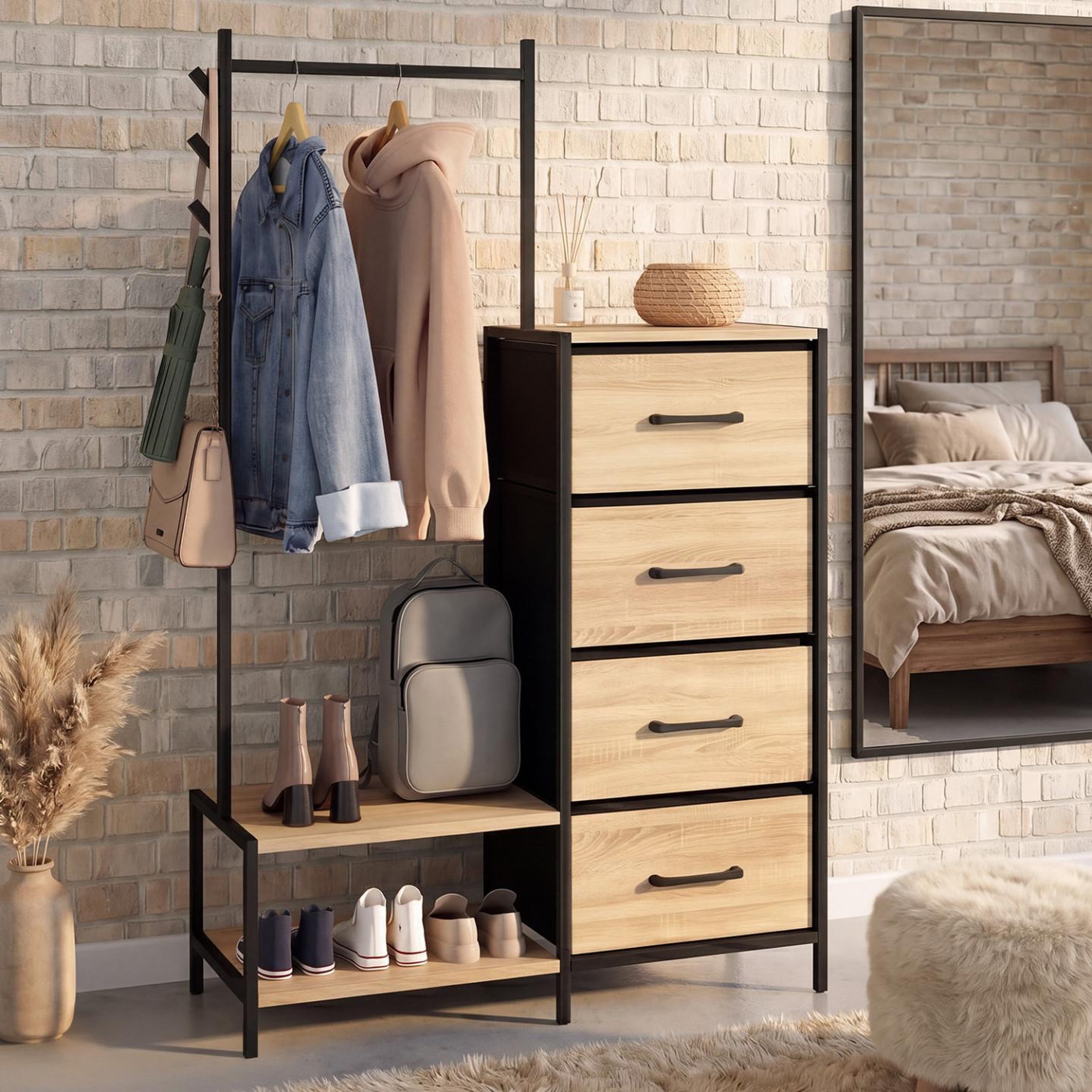 Voir la diapositive 2 : ID MARKET Commode 4 tiroirs en tissu utah 84 cm et penderie avec étagères et patères, design industriel