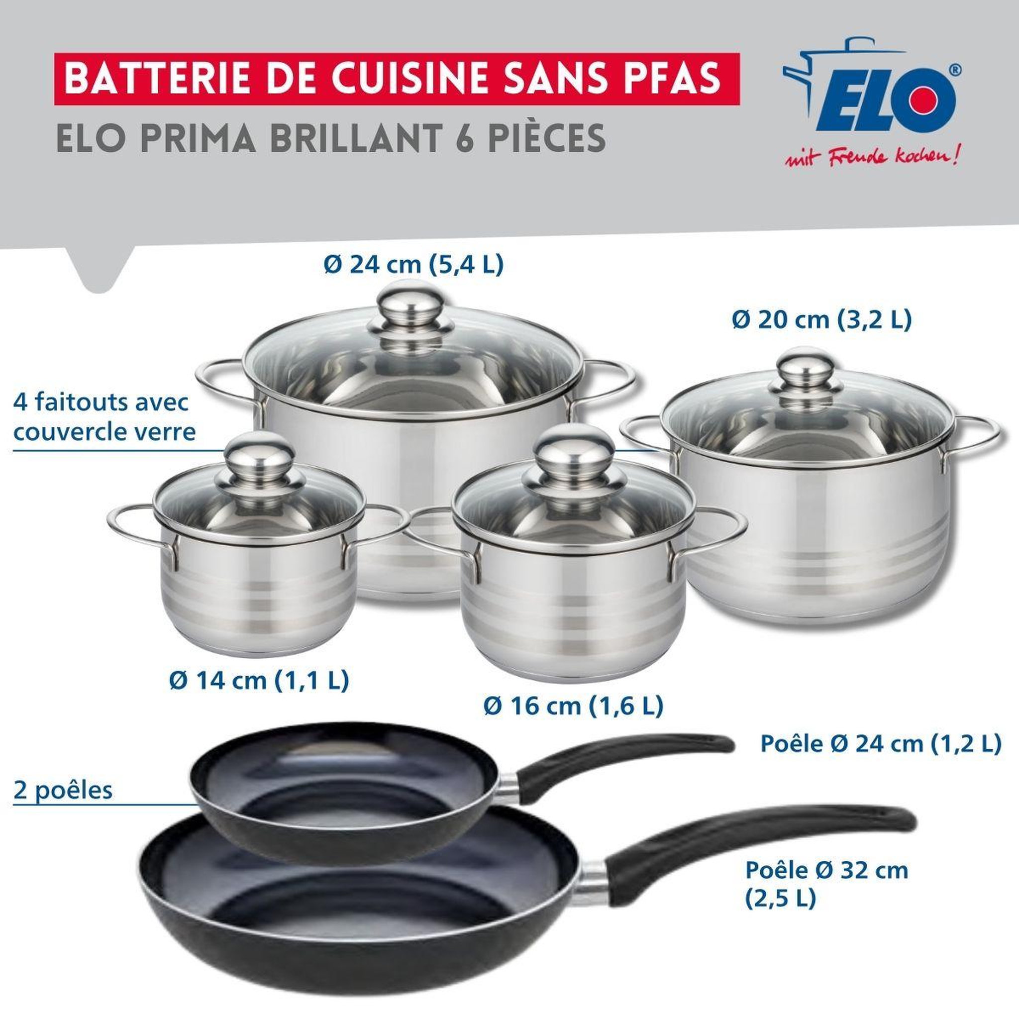 Voir la diapositive 2 : ELO Ensemble de 2 poêles de cuisson 24 et 32 cm et 4 faitouts 14, 16, 20 et 24 cm elo prima brillant
