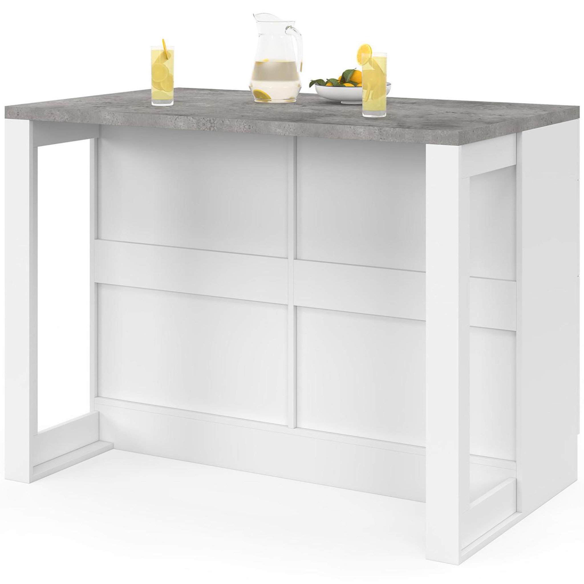 Voir la diapositive 4 : ID MARKET Ilot central mange-debout orso 120 cm casserolier 6 tiroirs blanc avec plan de travail effet béton