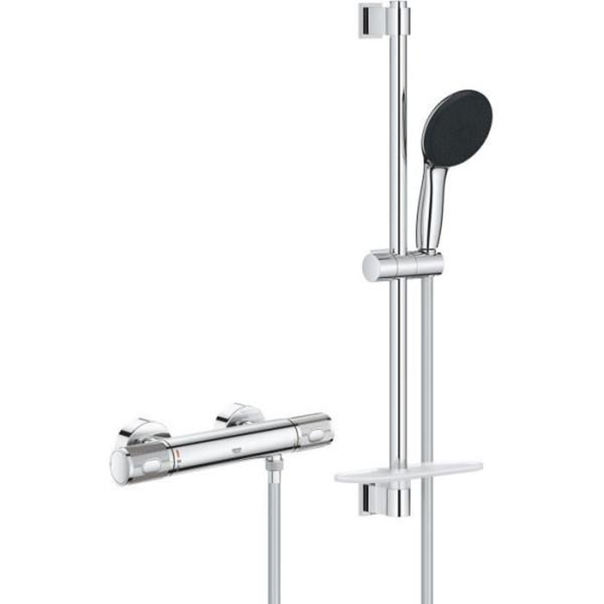 Grohe Ensemble de douche avec mitigeur thermostatique, pommeau 3 jets, barre 60cm et flexible - GROHE 34791001 - Economie d'eau - Chro