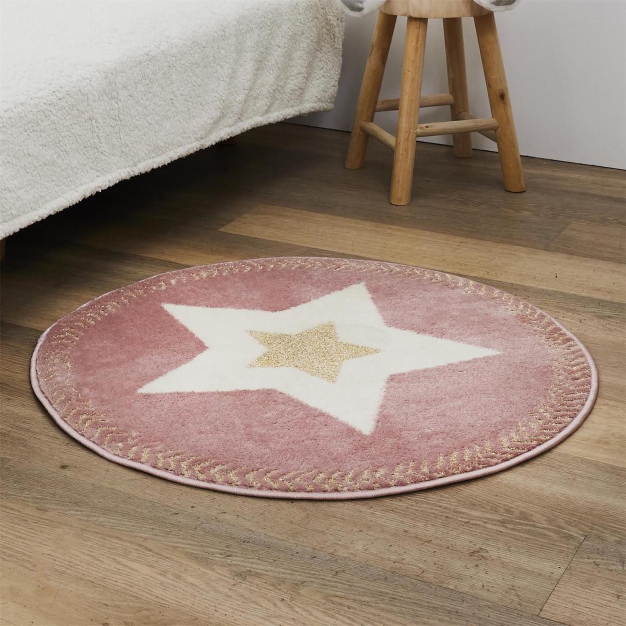 Voir la diapositive 4 : HOME DECO KIDS Tapis rond enfant  étoile métallisée  80cm rose