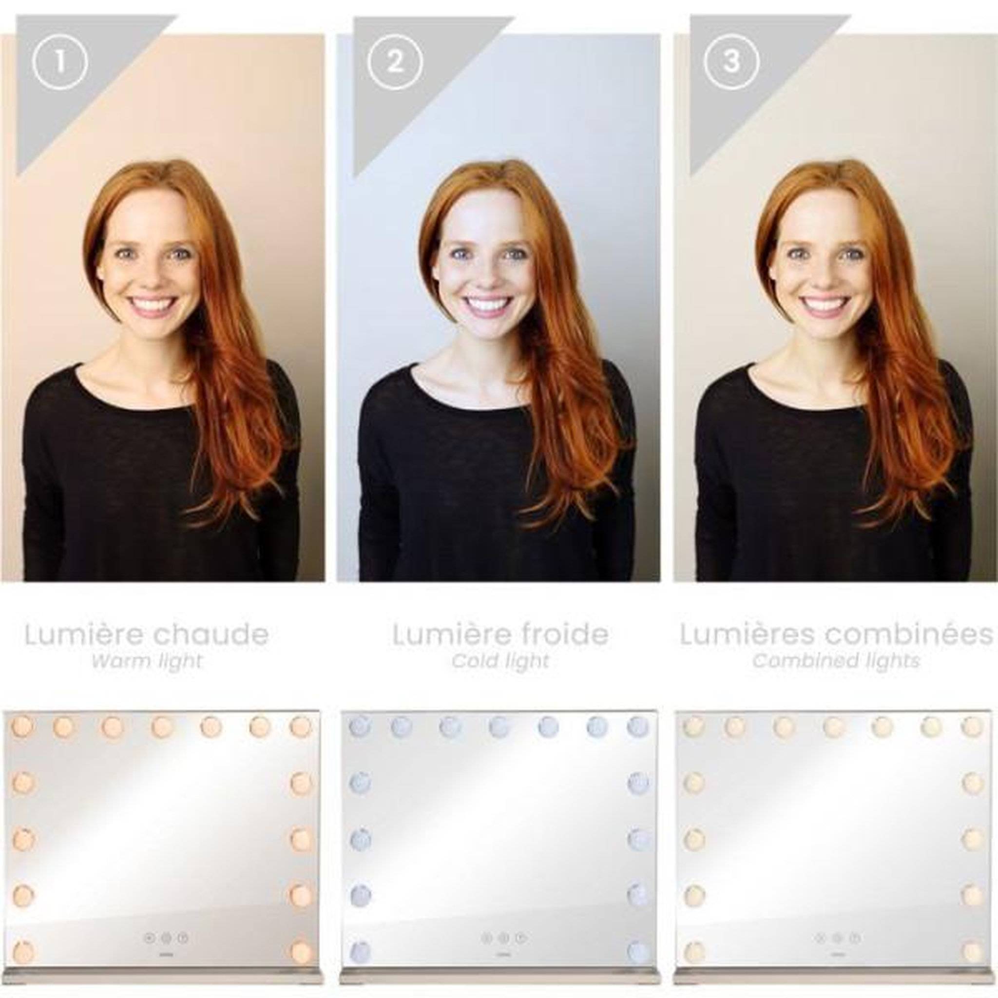 Voir la diapositive 3 : LIVOO Miroir  de maquillage Hollywood - LIVOO - DOS225G - 15 LED - Grand format - Intensité réglable