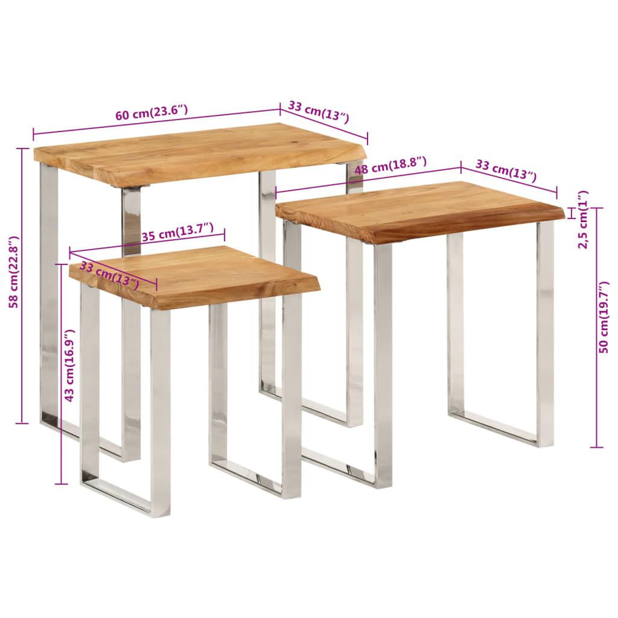 Voir la diapositive 6 : VIDAXL Tables gigognes 3 pcs avec bord vivant bois massif d'acacia