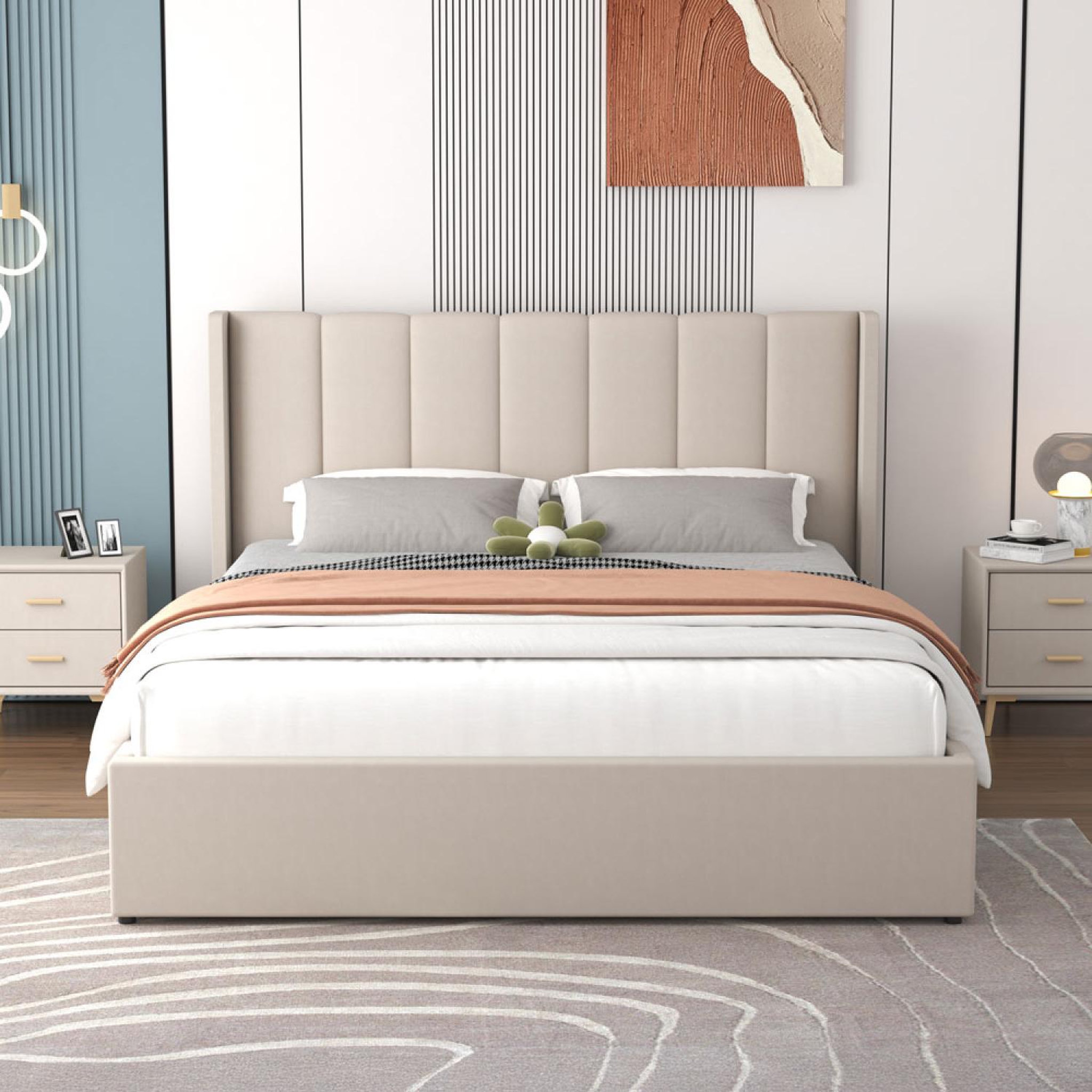 Voir la diapositive 4 : CONCEPT USINE Lit coffre design 140x190cm en velours beige arlington