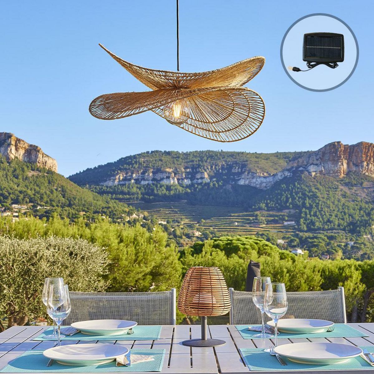 Lumisky Suspension solaire bohème SOLARA Beige Jute D80cm