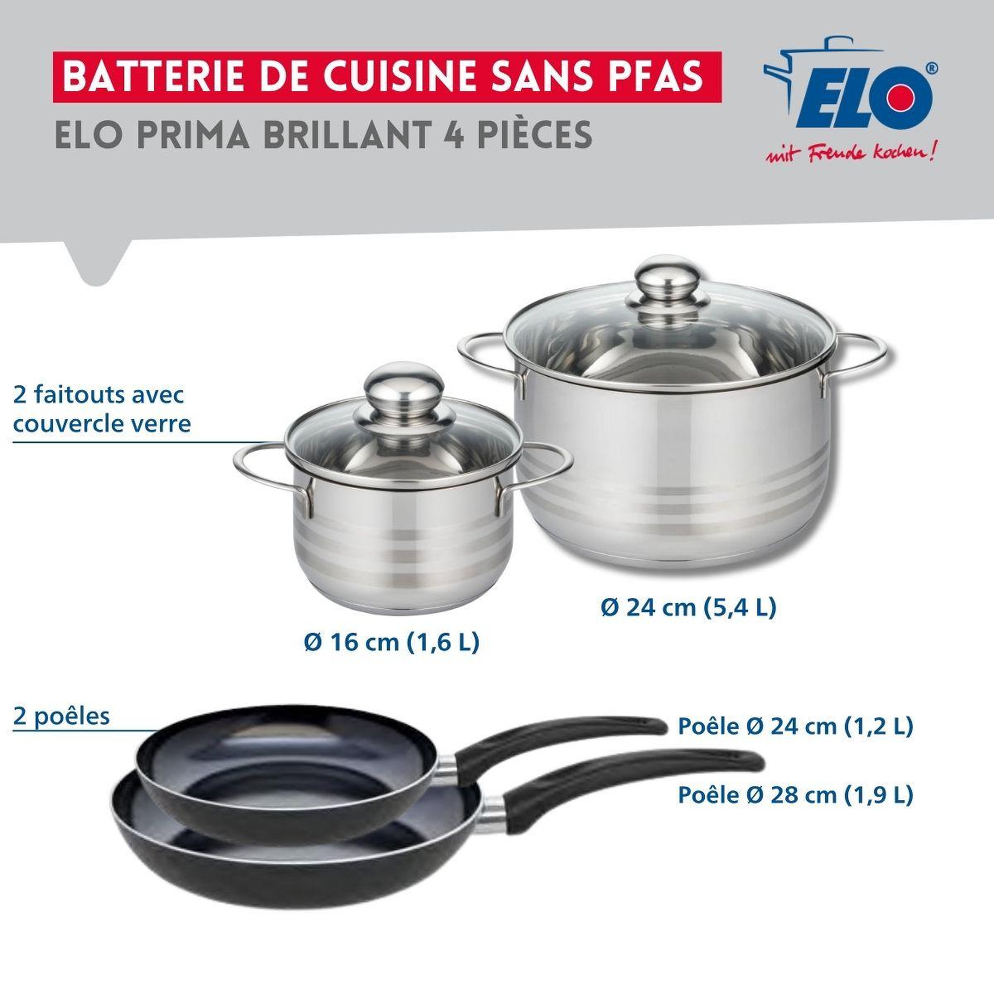 Voir la diapositive 2 : ELO Ensemble de 2 poêles de cuisson 24 et 28 cm et 2 faitouts 16 et 24 cm elo prima brillant