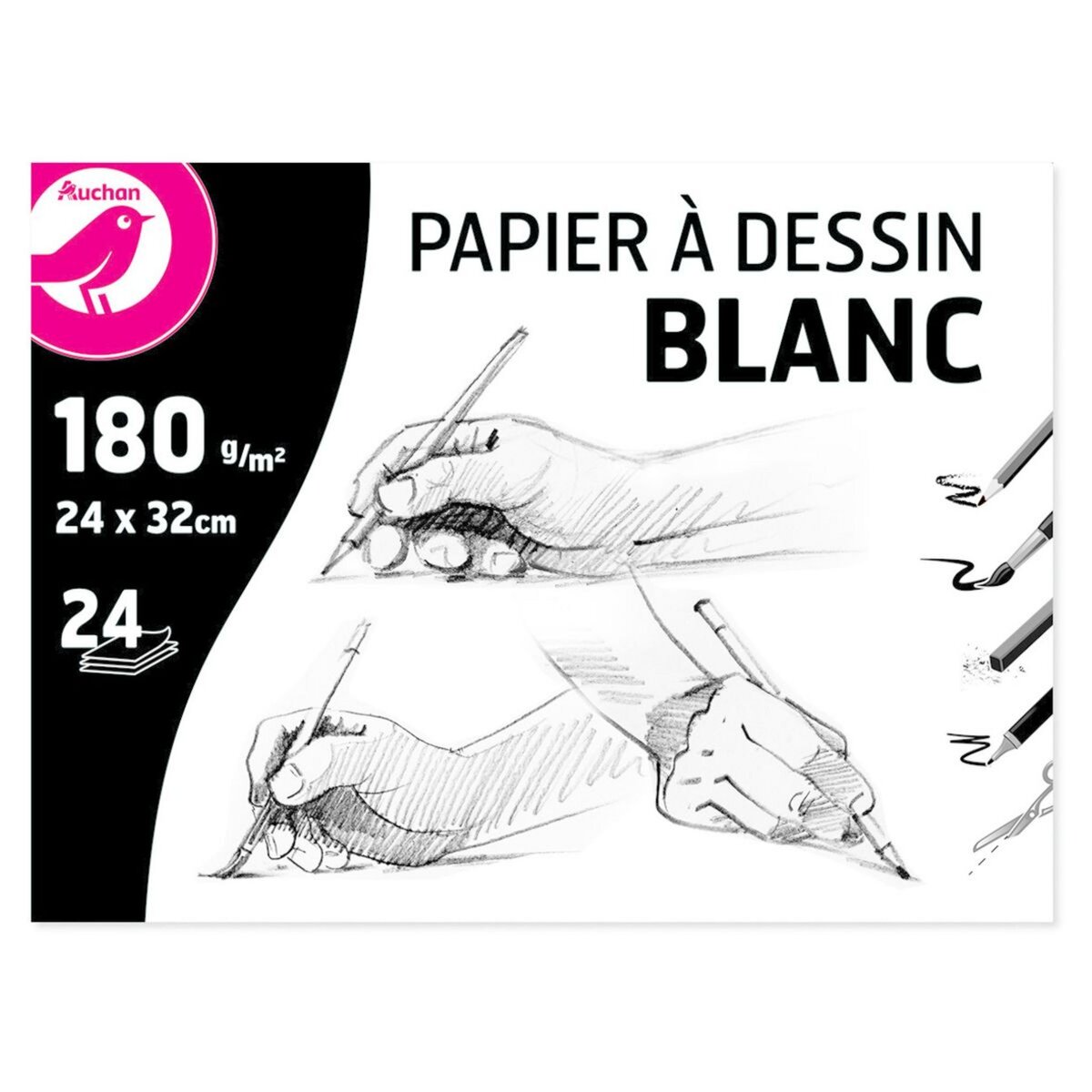 AUCHAN Maxi pochette de papier à dessin blanc à grain 24 feuilles