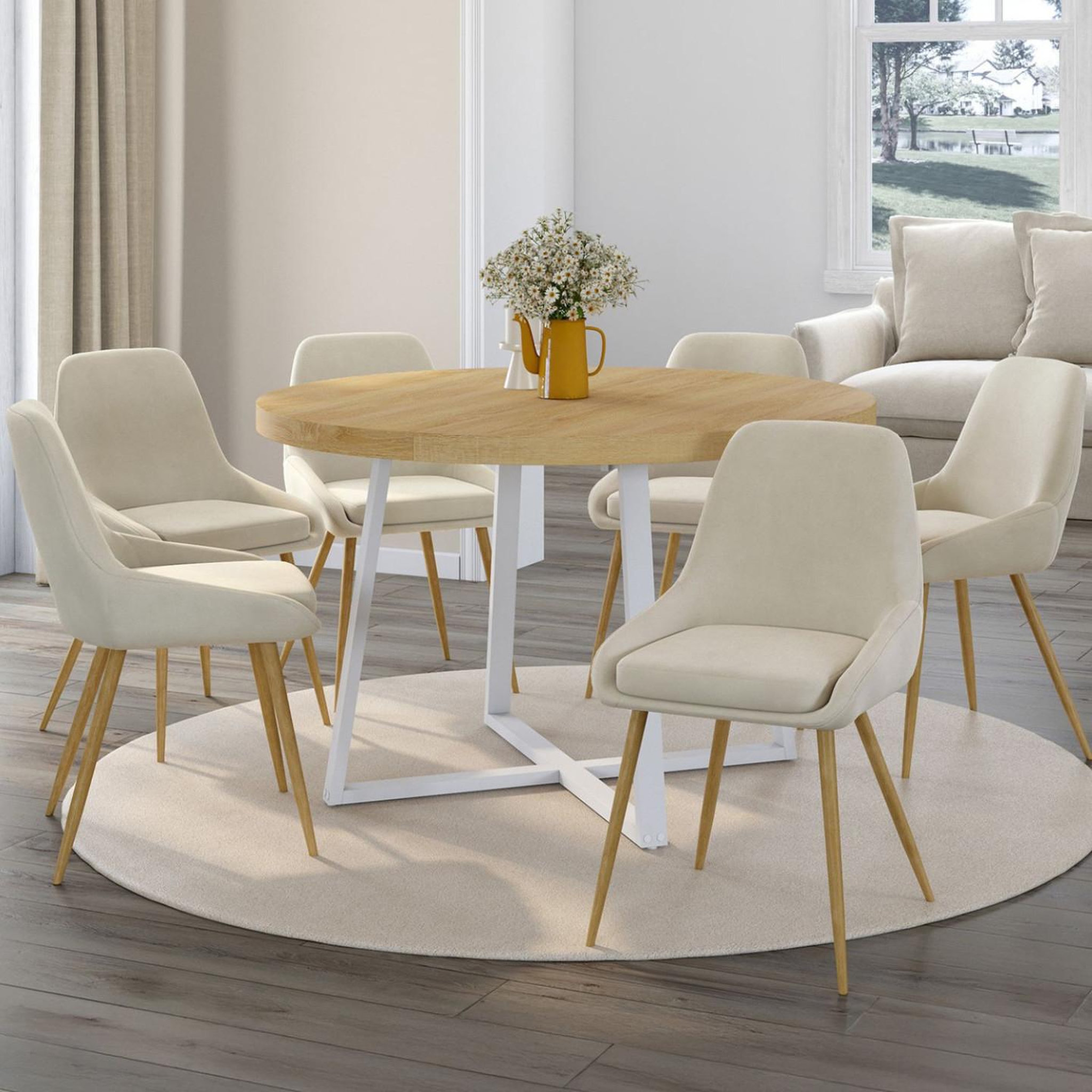 Voir la diapositive 2 : ID MARKET Lot de 6 chaises de salle à manger thalya en velours beige et pieds effet bois avec accoudoirs