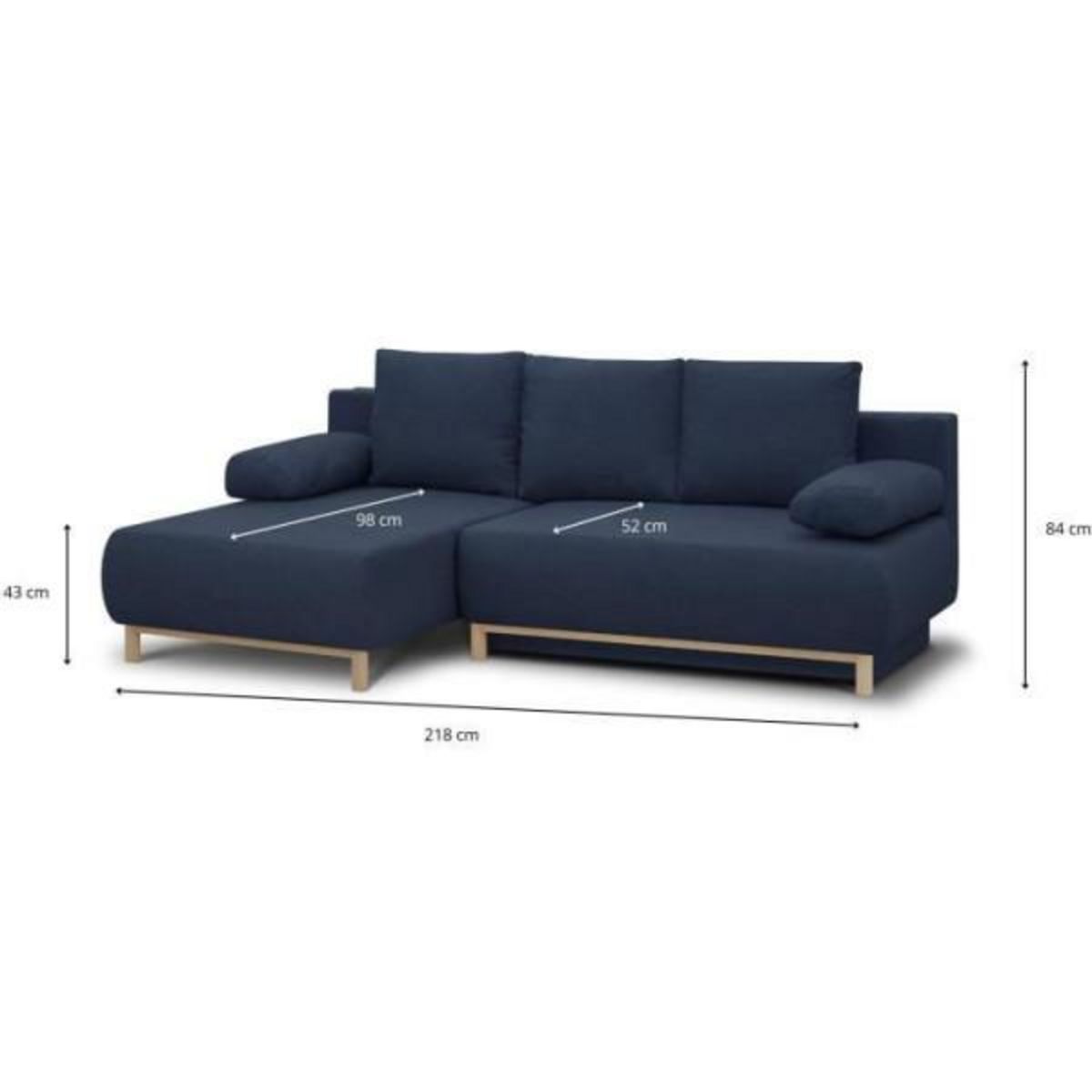 MARKET24 Canapé d'angle gauche convertible MIKA 3 places - Tissu bleu foncé - Coffre de rangement - L218 x P98/145 x H84 cm