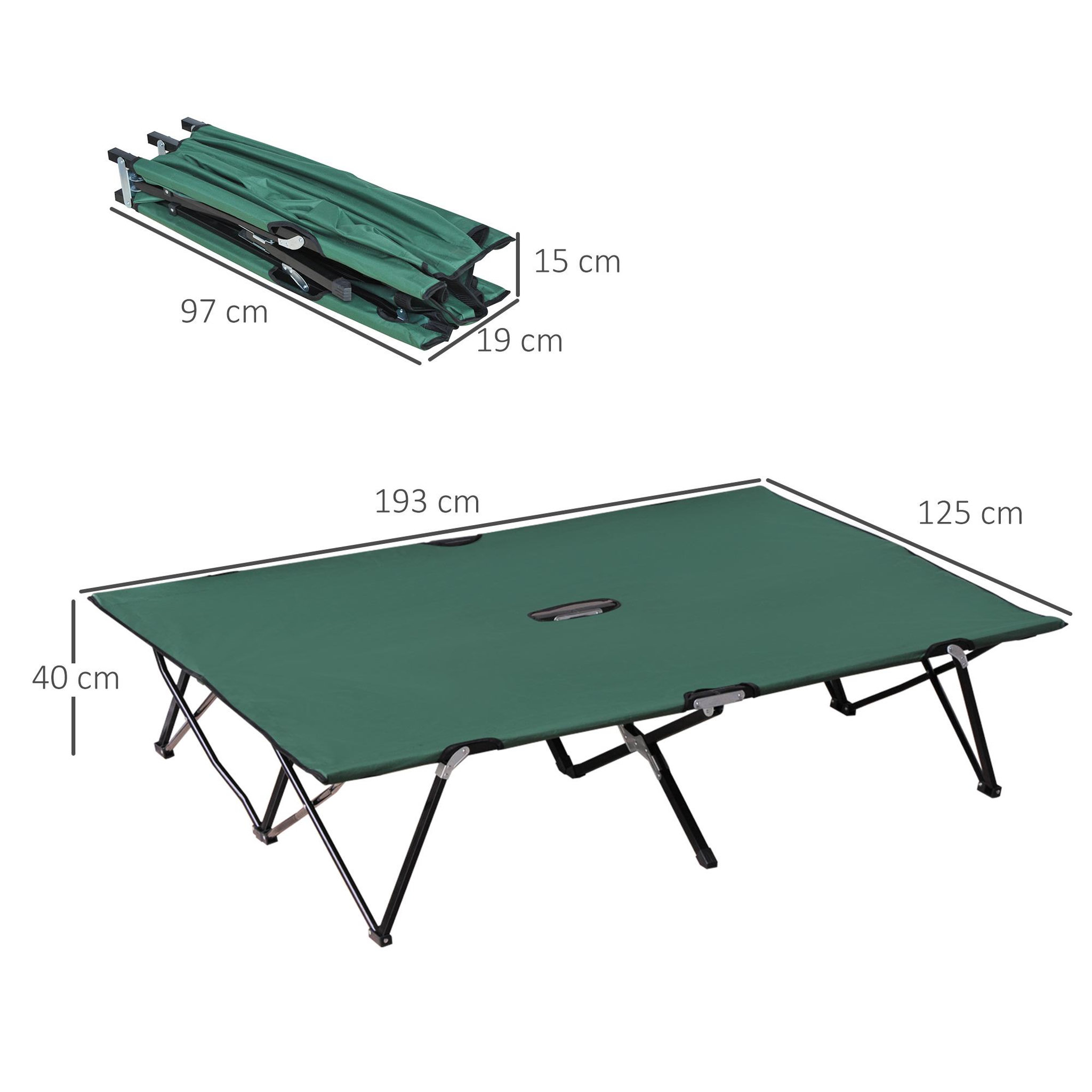 Voir la diapositive 3 : OUTSUNNY Lit de camp pliable double 193 x 125 x 40 cm avec sac de transport métal noir polyester Oxford vert