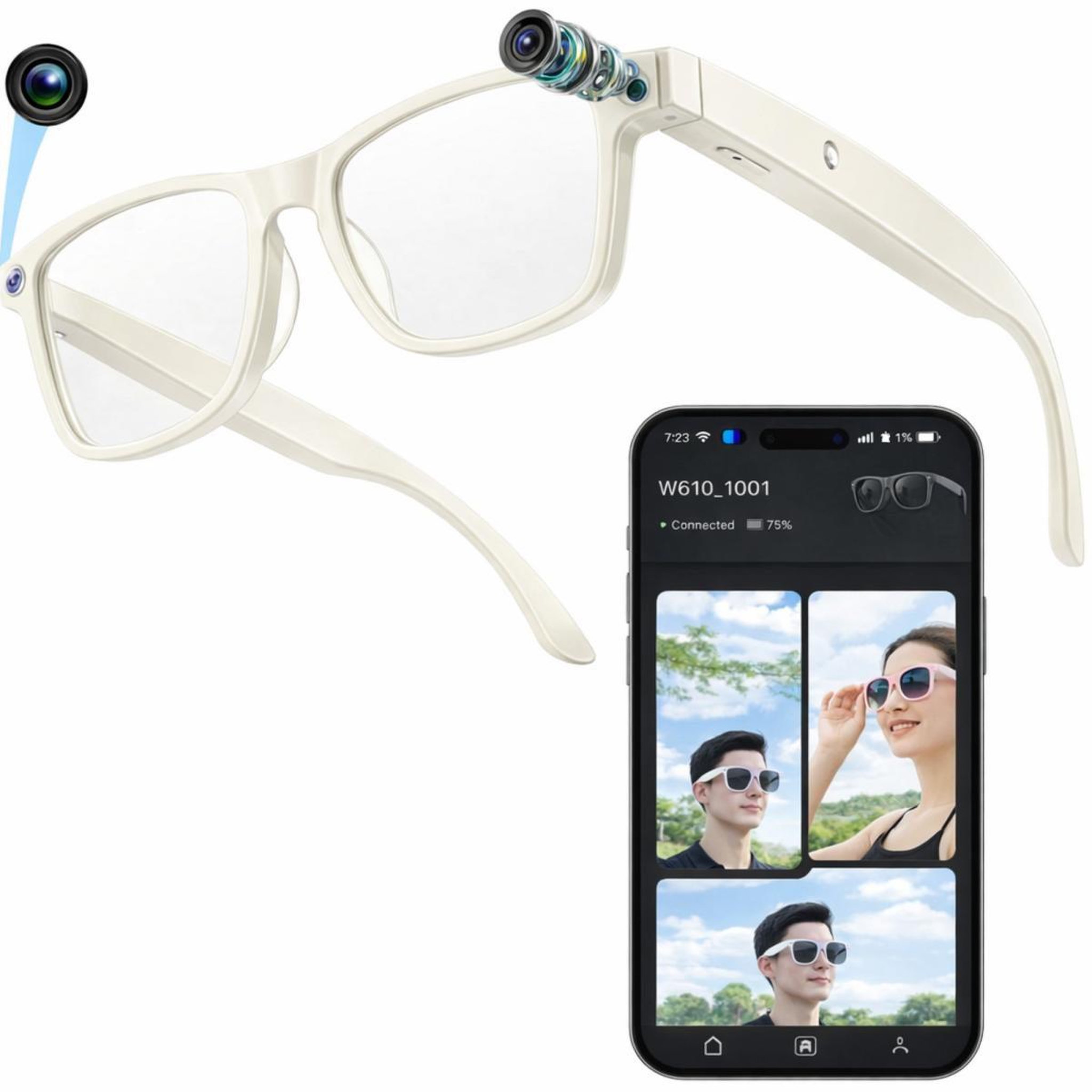 Voir la diapositive 3 : SYNERFIT Lunettes caméra NASA Futura - 8 Mpx 1080p, Bluetooth 5.4, IA vocale - Blanc / Incolore