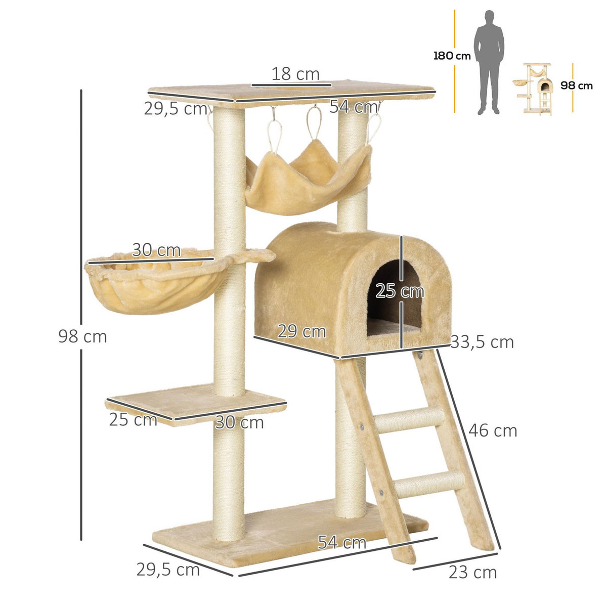PAWHUT Arbre à chat griffoir arbre à grimper tour de jeu stable à plusieurs niveaux centre d'activités hauteur 98 cm beige