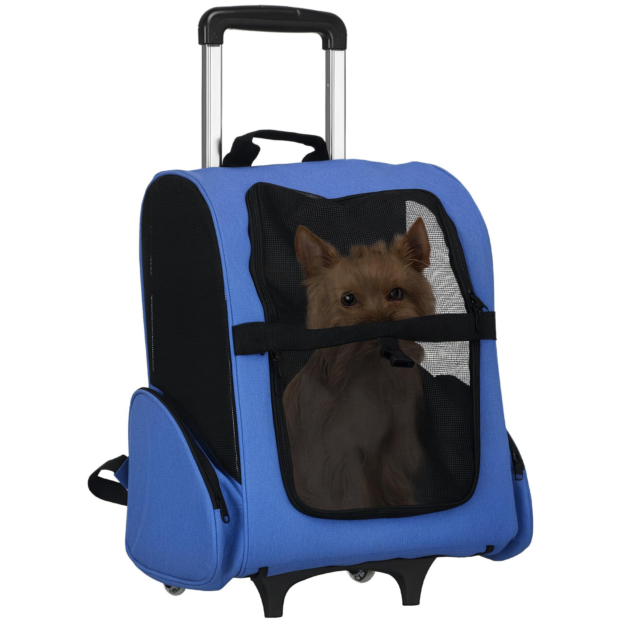 PAWHUT 2 en 1 trolley chariot sac à dos sac de transport à roulettes pour chien chat bleu
