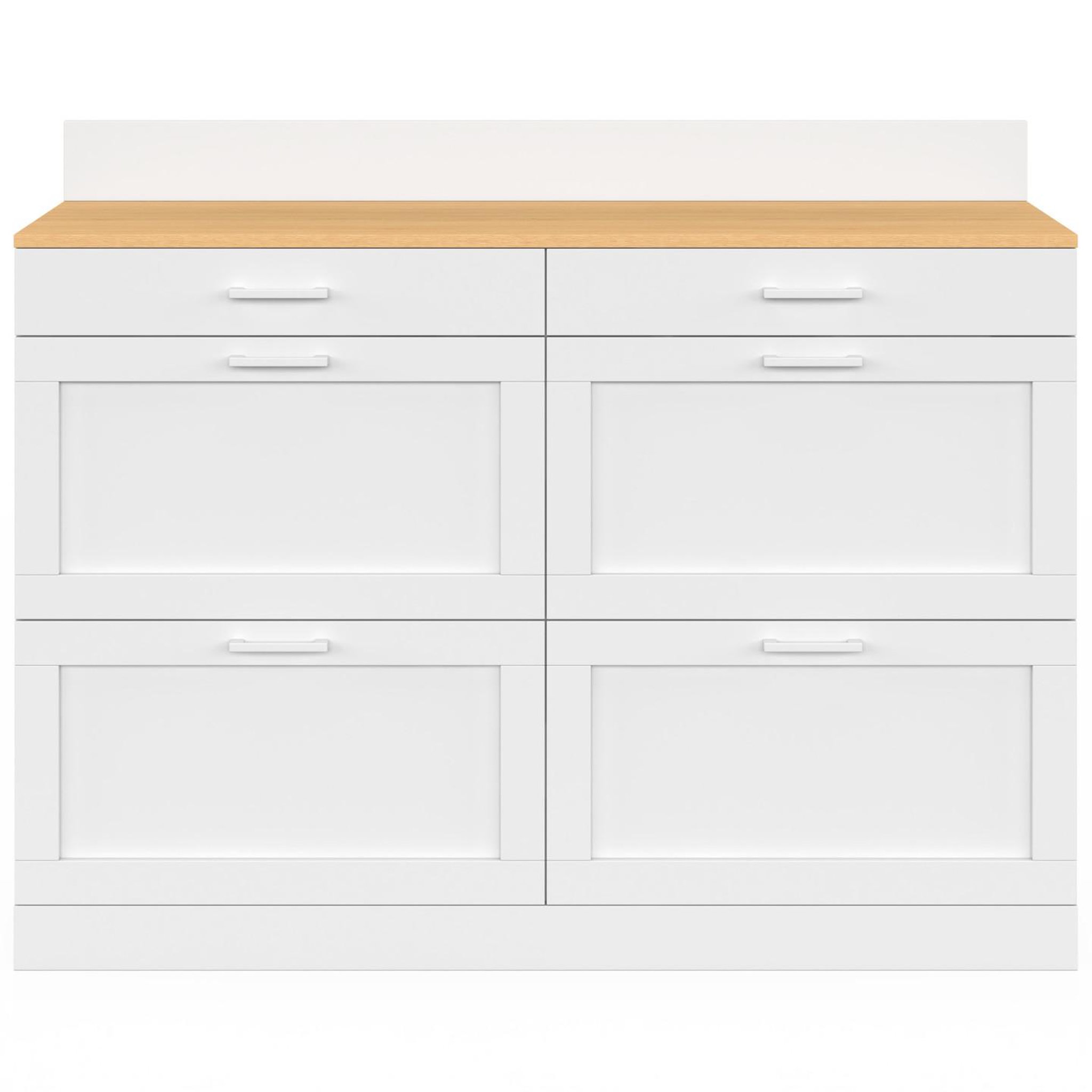 Voir la diapositive 3 : ID MARKET Buffet bas de cuisine 120 cm casserolier vito plan de travail h.83 cm 6 tiroirs blanc et plateau façon hêtre