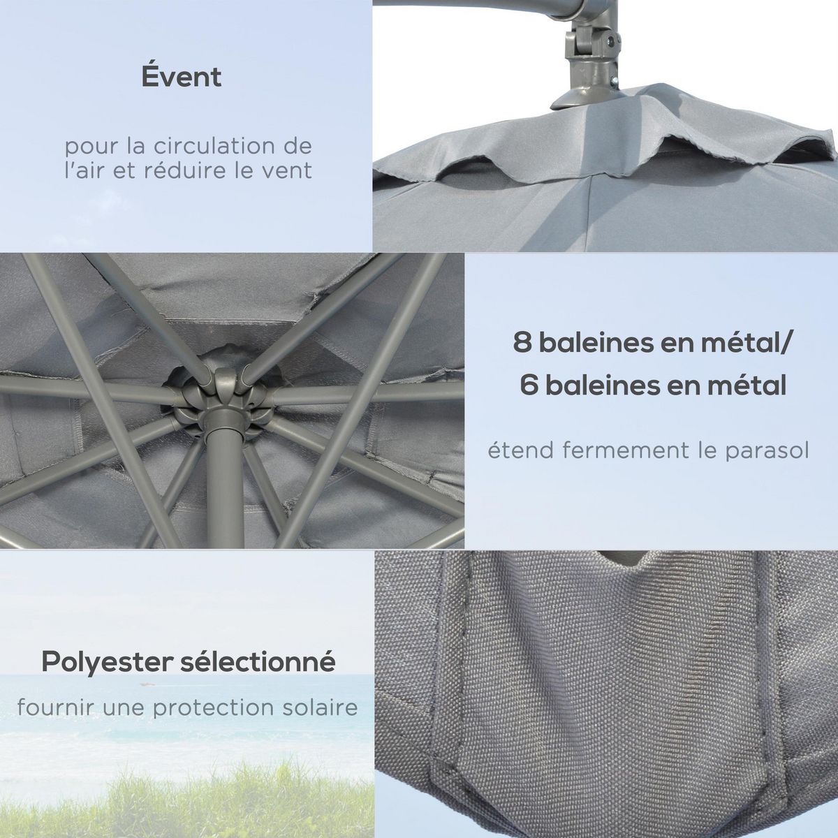 OUTSUNNY Parasol déporté octogonal rabattable dia. 3 m piètement dalles à lester et housse inclus gris