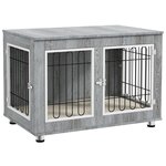 PAWHUT Cage pour chien sur pied - 2 portes verrouillables, coussin déhoussable inclus - acier filaire noir panneaux aspect bois gris