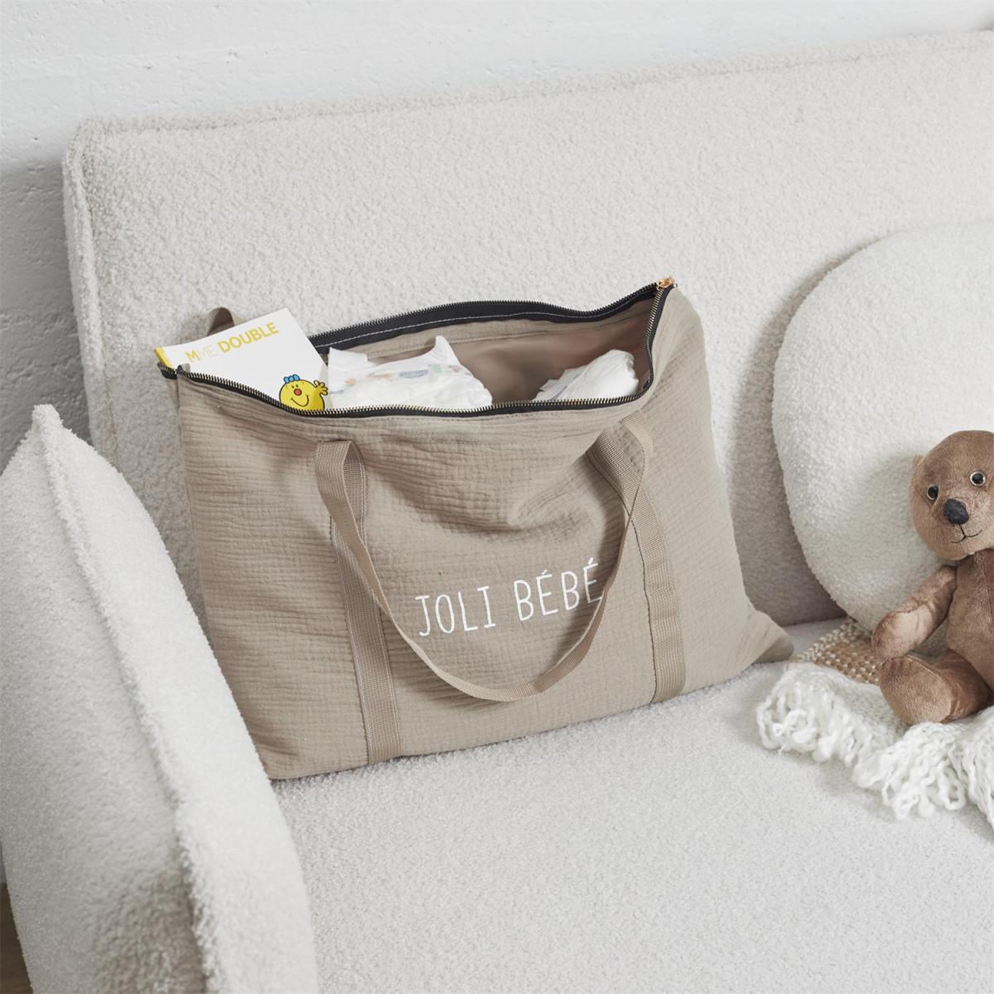 Voir la diapositive 3 : Tom & Zoé Tote bag en coton  joli bébé  50cm taupe
