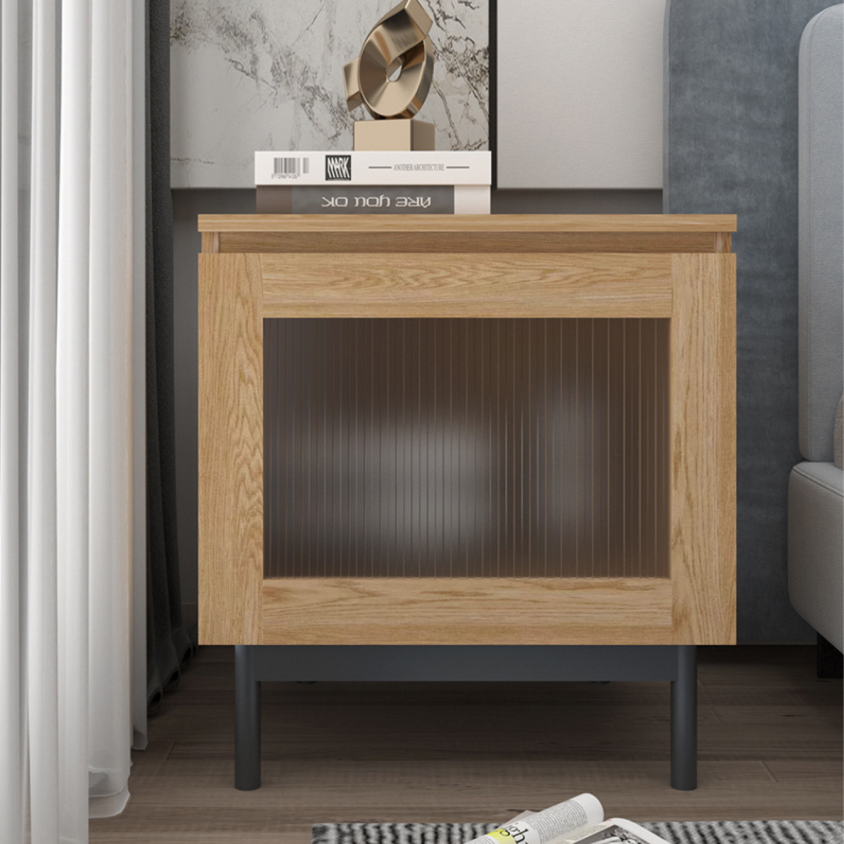 CONCEPT USINE Table de chevet bois et verre fluté PRAGUE