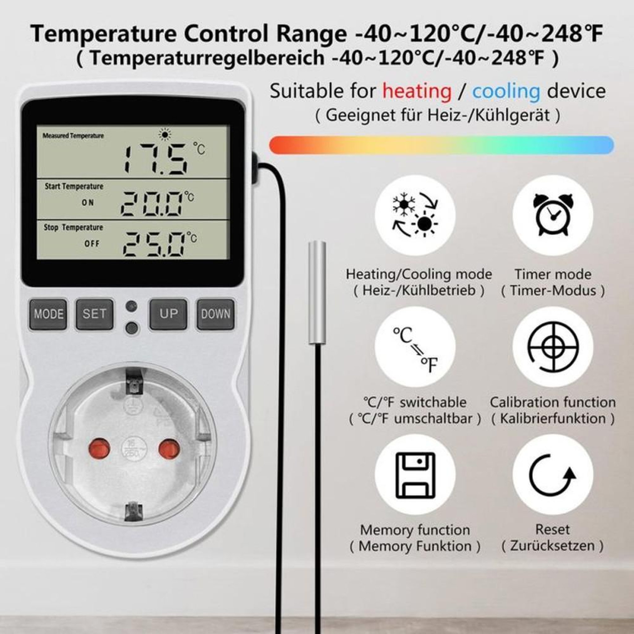 Voir la diapositive 2 : Thermostat contrôleur de température plug-in avec sonde 3 m 230 V, 16 A, 3680 W, écran LCD HD, -40 à 120 °C, modes chauffage/refroidissement et minuterie