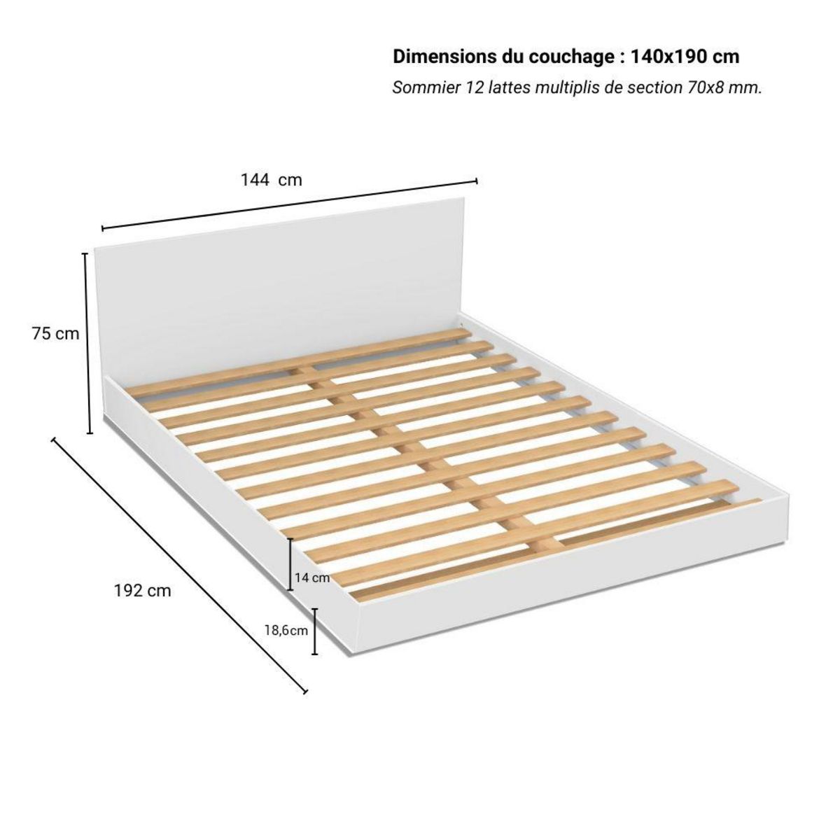 Lit double 140x190 cm avec tête de lit et sommier LAGOS