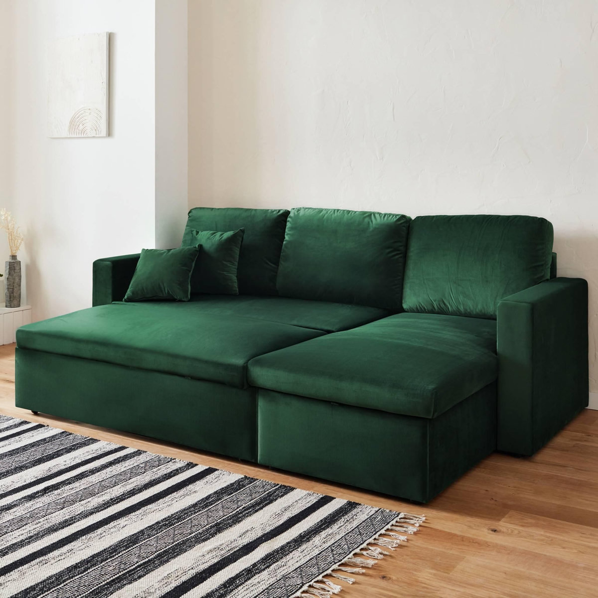 SWEEEK Canapé d'angle convertible en velours vert anglais 3 places. fauteuil d'angle réversible coffre rangement lit modulable