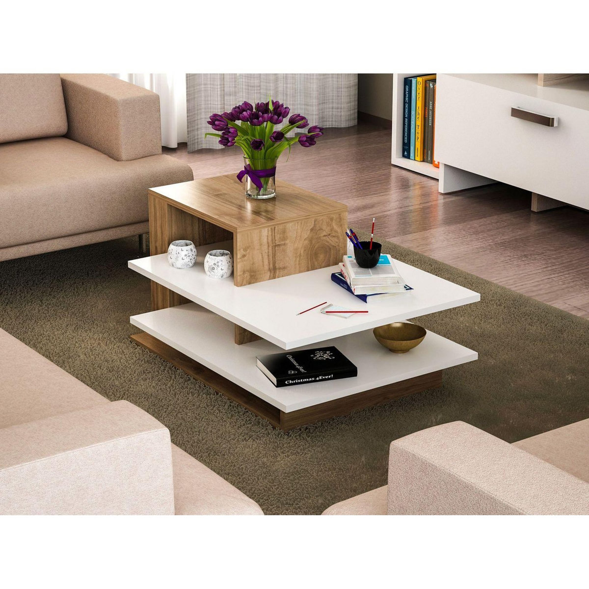 TOILINUX Table basse design scandinave Venüs - L. 85 x H. 43 cm - Marron noix