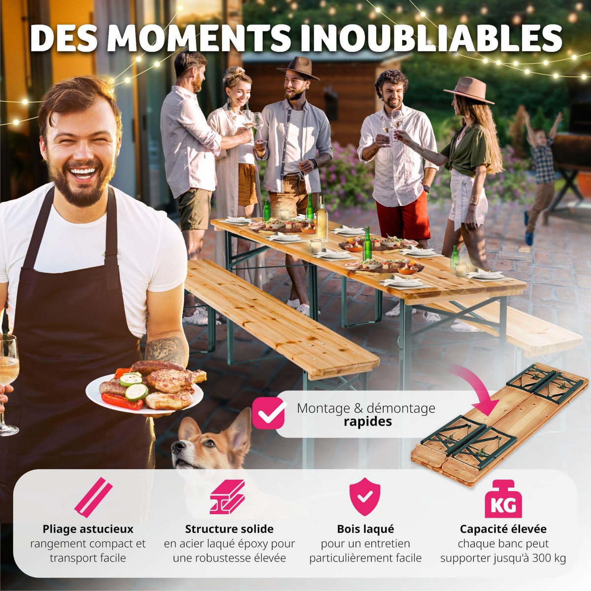 tectake Table de jardin pliante avec bancs marron