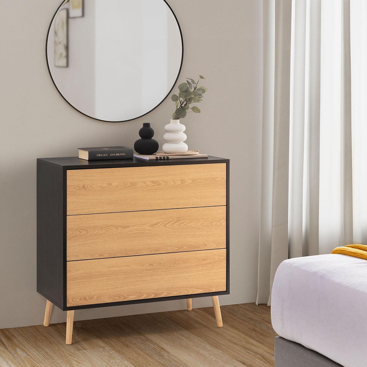 VS VENTA-STOCK Commode Apolo 3 tiroirs Couleur Noir/Bois