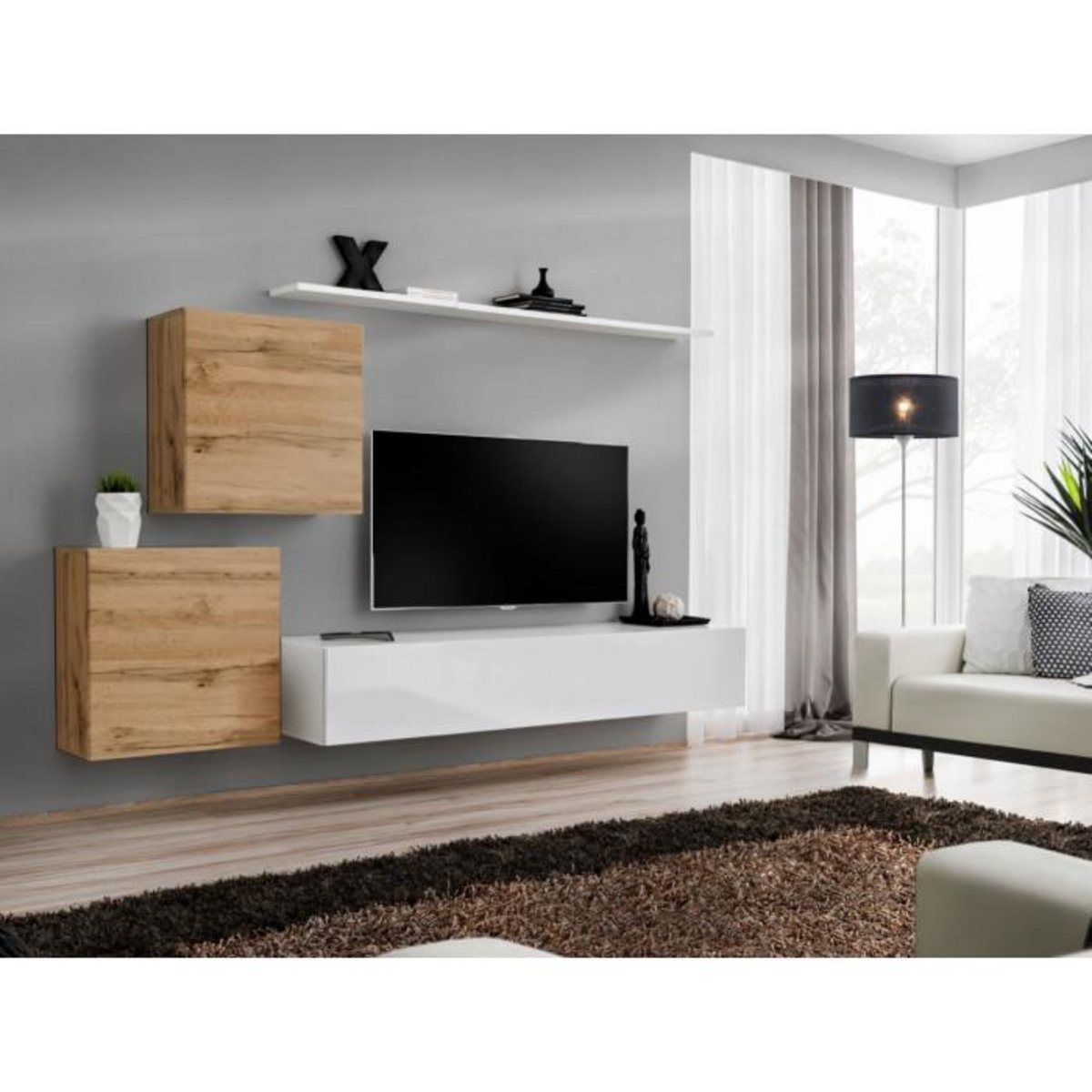 Paris Prix Meuble TV Mural Design  Switch V  250cm Naturel & Blanc