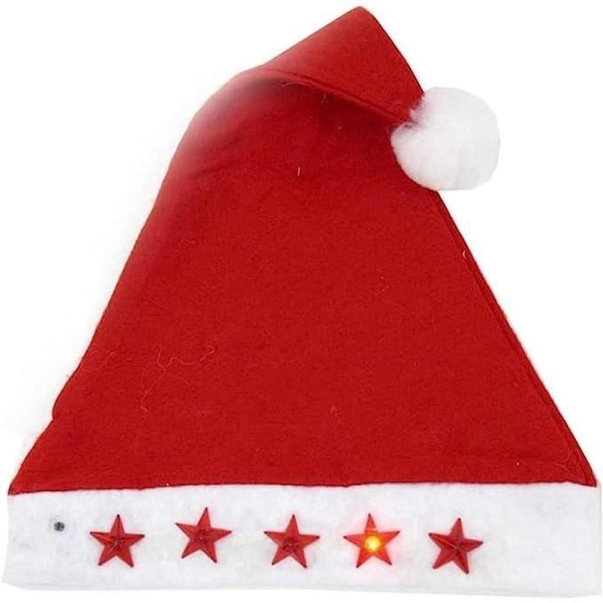 Chapeau de Noël lumineux rouge et blanc en tissu, forme conique Père Noël, étoiles et pompon, décoration 32 x 15 x 8 cm