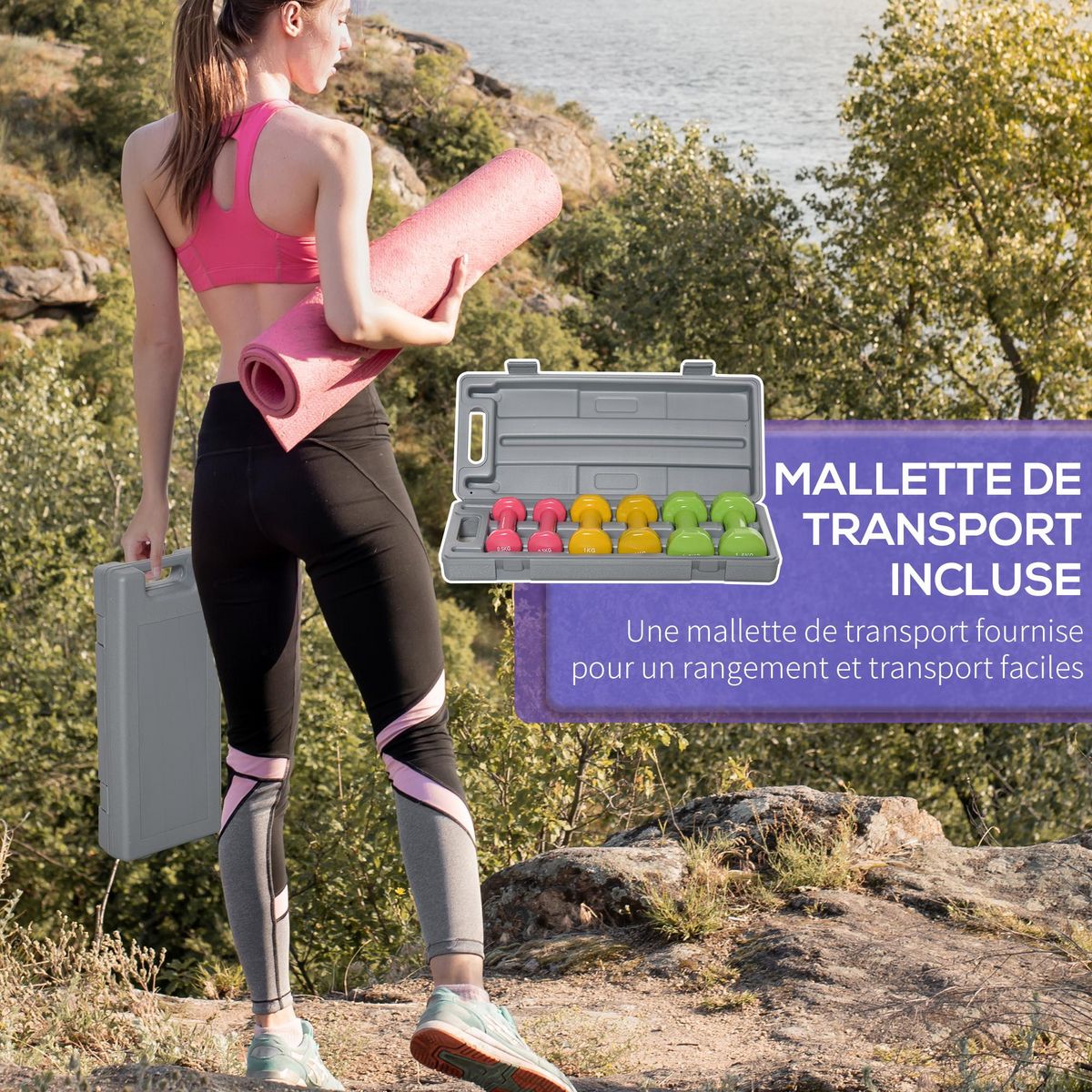 HOMCOM Ensemble d'haltères courtes total 6 Kg - paires de 0,5/1/1,5 Kg avec malette - entraînement musculaire & haltérophilie - acier PU multicolore