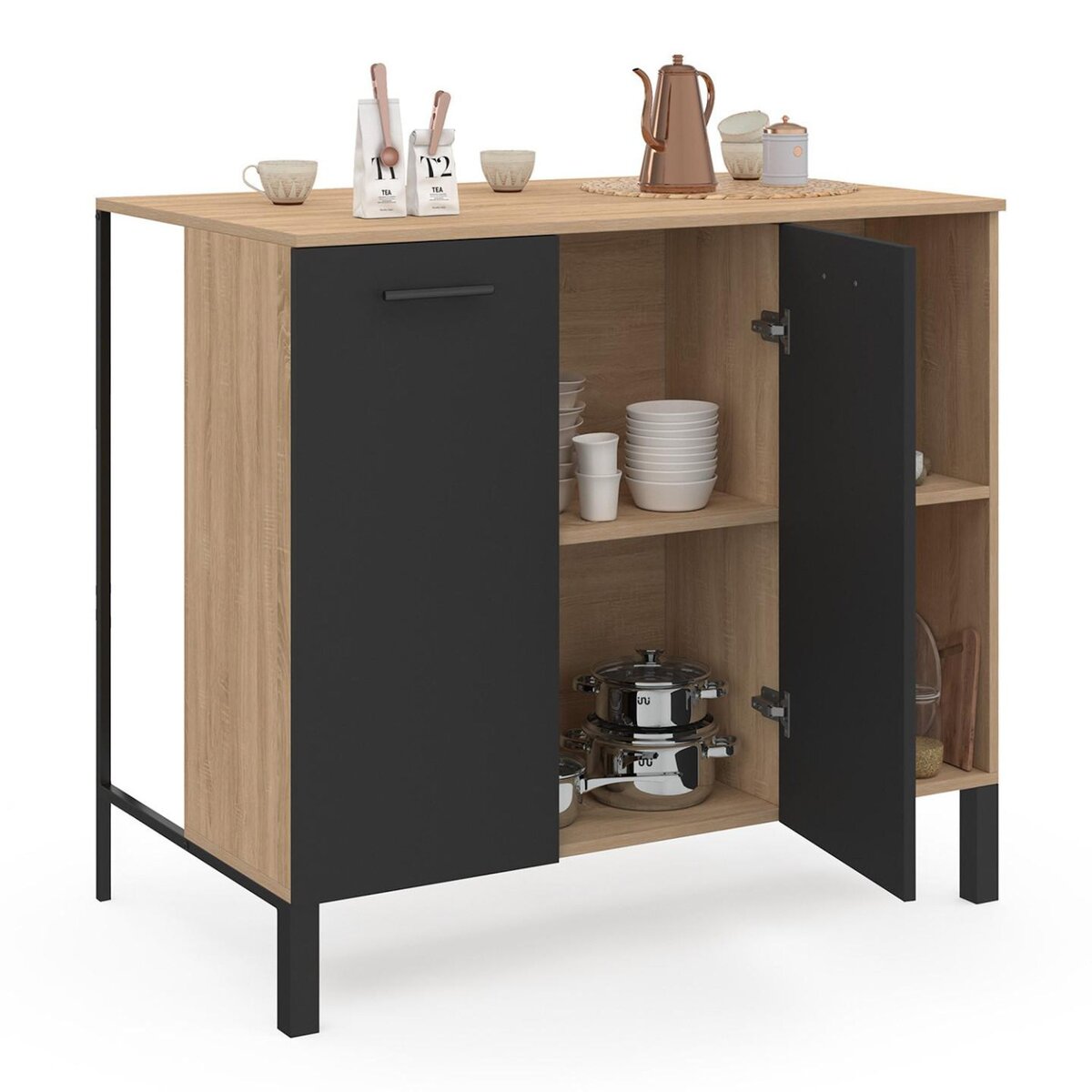 ID MARKET Table de bar îlot CINA 100 cm bois noir et plateau façon hêtre