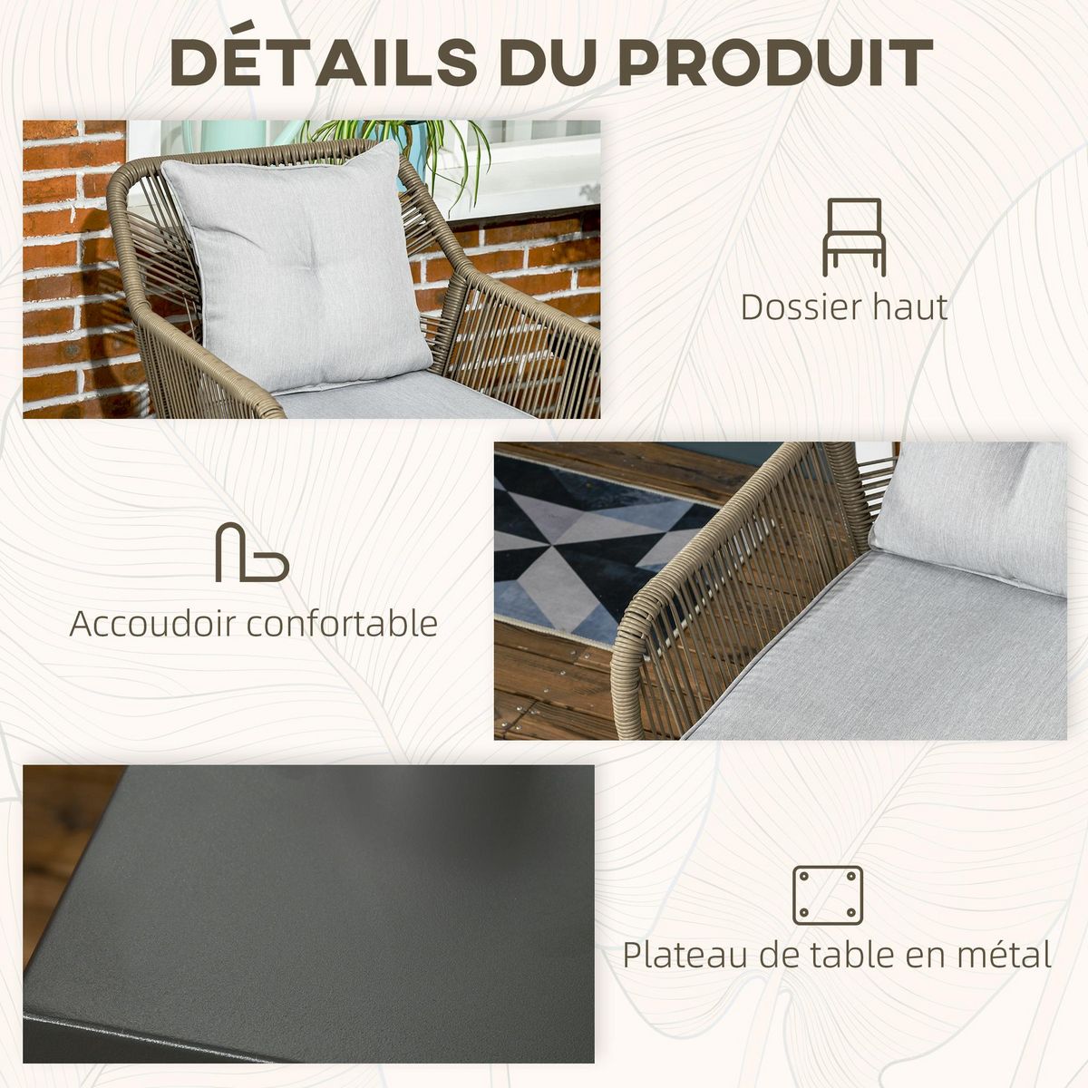 OUTSUNNY Ensemble bistro de jardin 2 places 3 pièces style contemporain acier époxy noir résine filaire gris clair