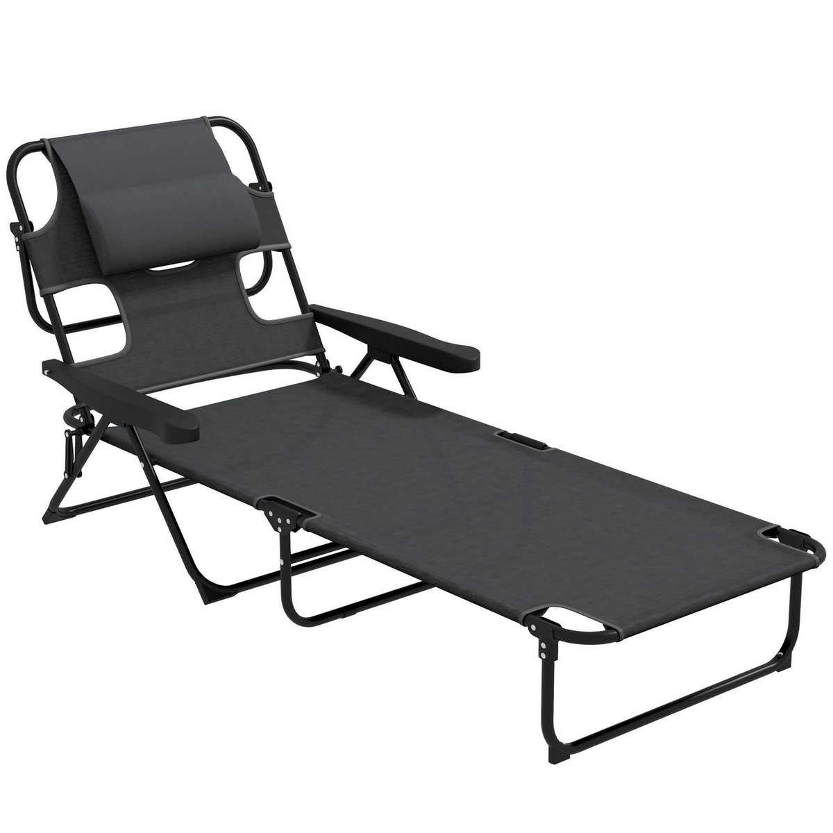 OUTSUNNY Bain de soleil transat pliable inclinable - coussins, espace tête - acier noir polyester antracite