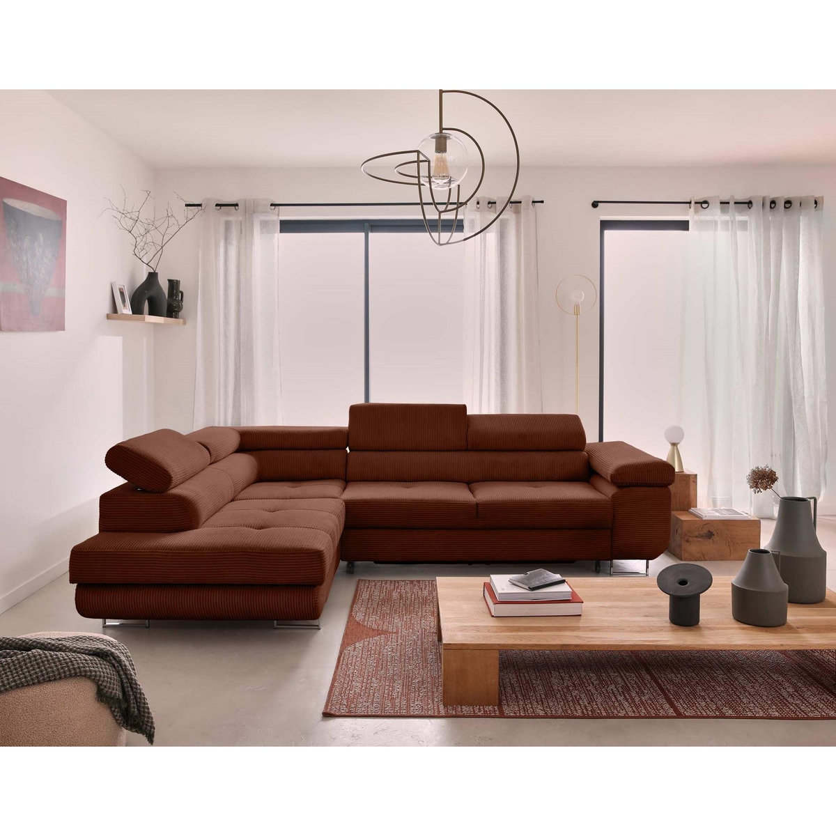 BEST MOBILIER Zaria - canapé d'angle gauche - convertible avec coffre et têtières réglables - 5 places - en velours côtelé