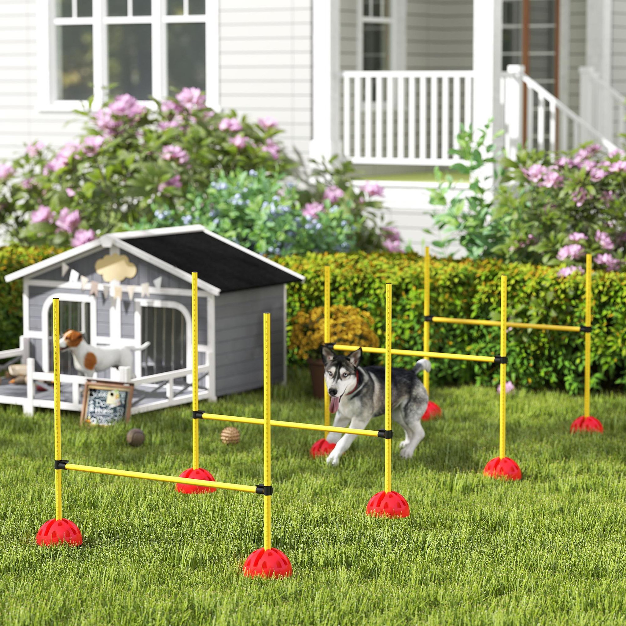 Voir la diapositive 2 : PAWHUT Kit d'agilité pour chien - 4 obstacles haies réglables en hauteur, sac de transport - plastique jaune rouge