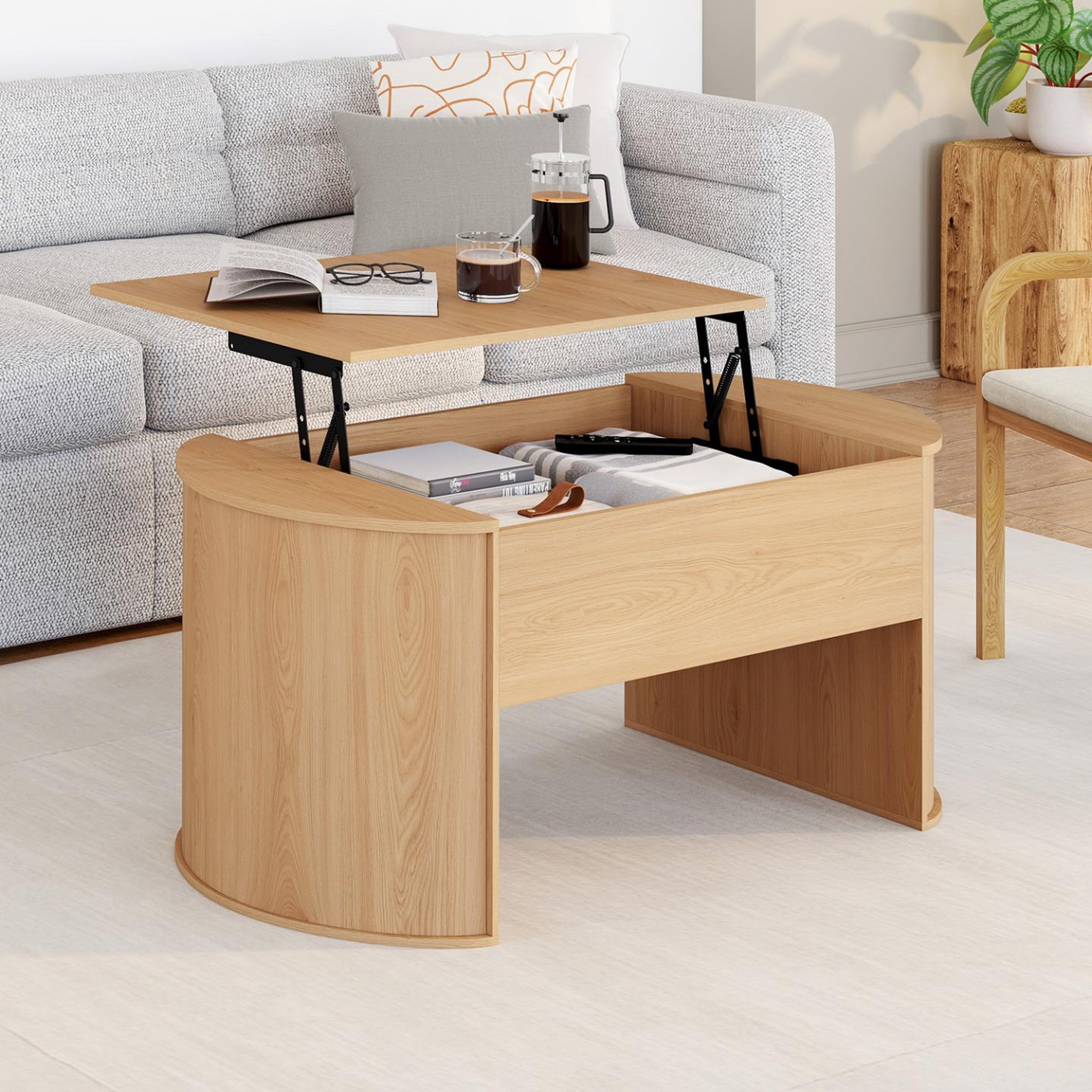 Voir la diapositive 2 : ID MARKET Table basse ovale plateau relevable divia 100 cm bois façon hêtre design arrondi
