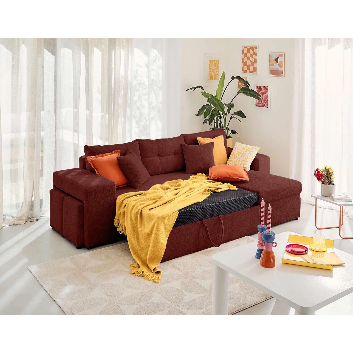 BEST MOBILIER California - canapé d'angle réversible 4 places - convertible avec coffre, étagère et poufs - en velours texturé