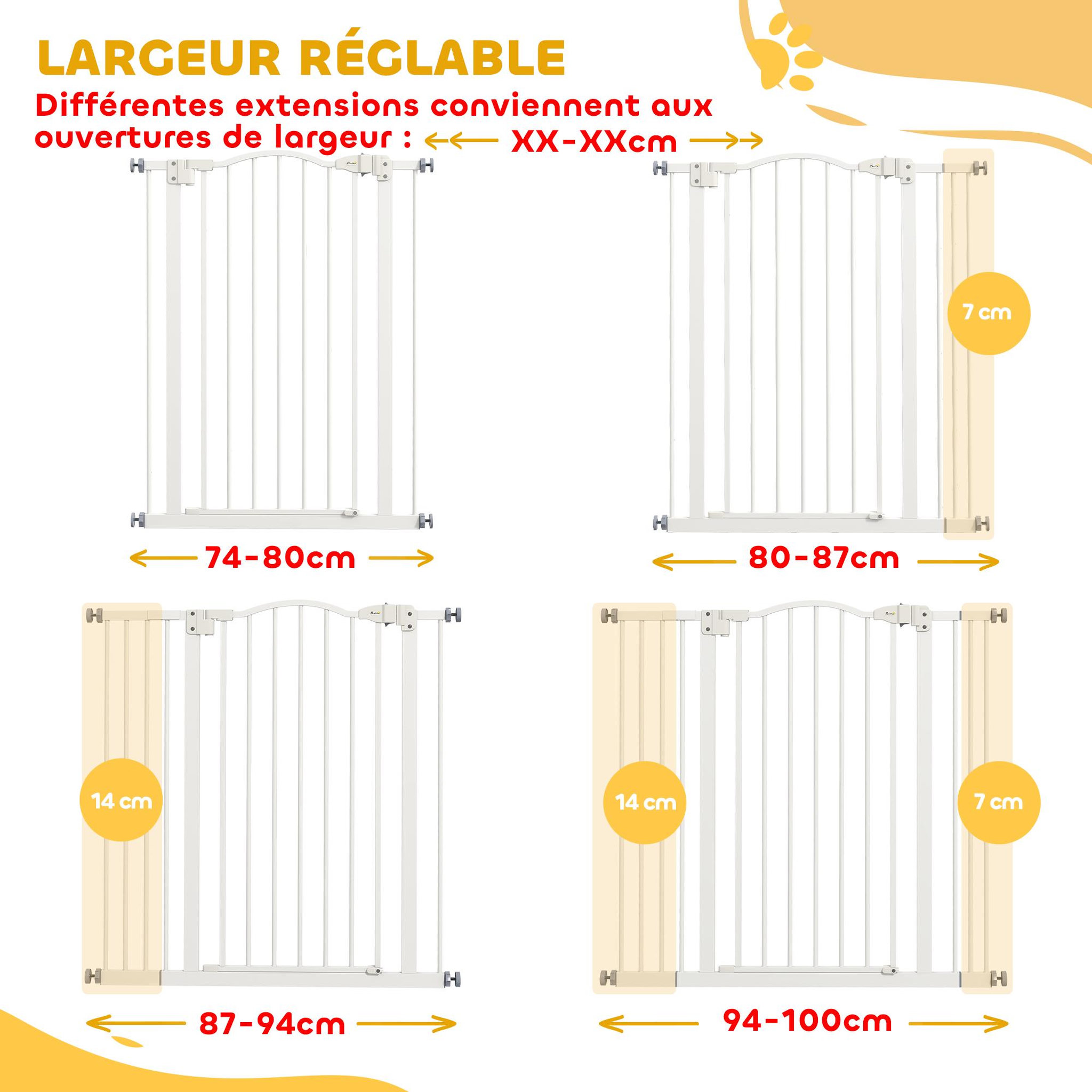 Voir la diapositive 4 : PAWHUT Barrière de sécurité pour chien extensible 74-100 cm, barrière d'escalier à fixation par pression sans percer, double verrouillage, fermeture automatique, hauteur 94 cm, blanc