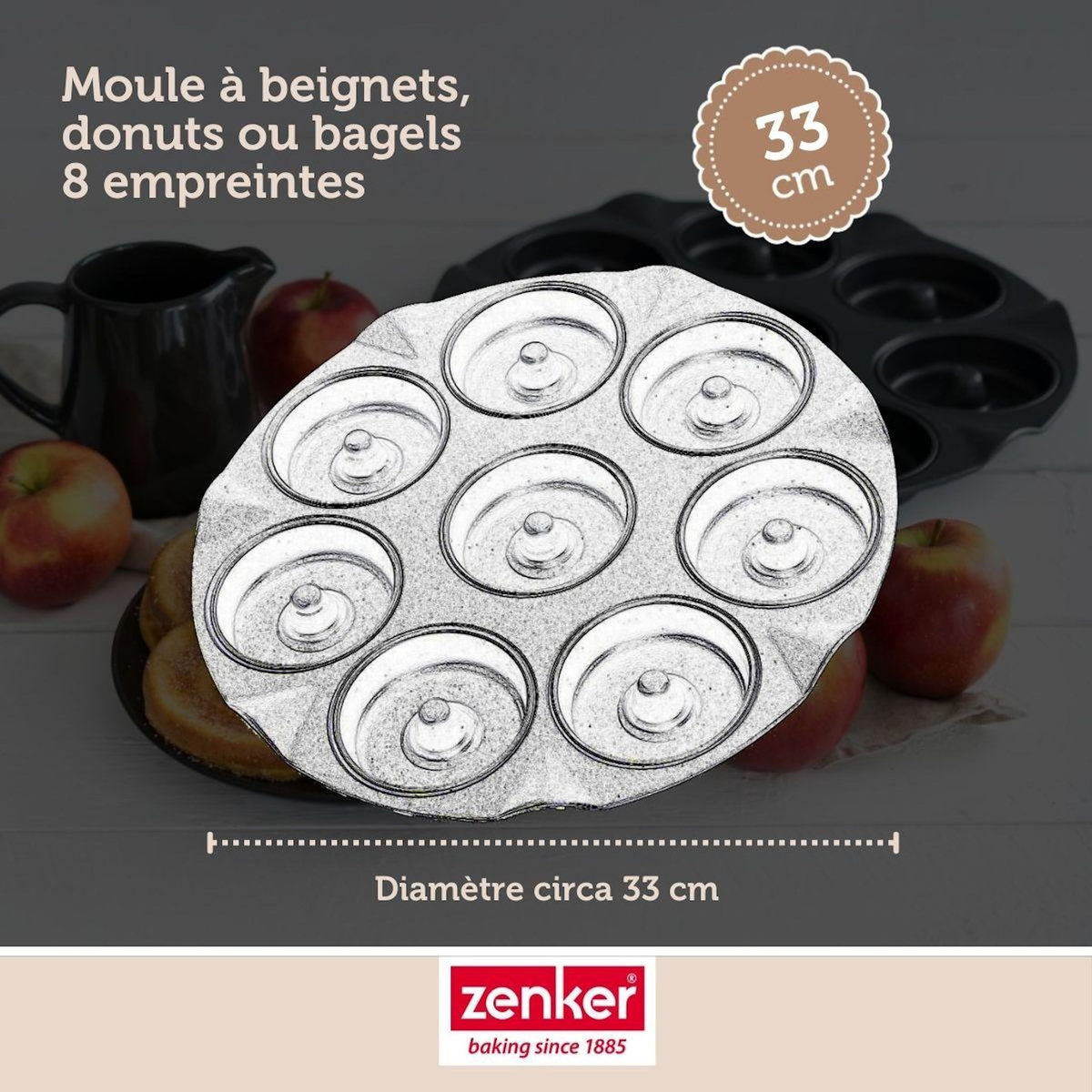 ZENKER Set pâtisserie avec moule à 8 beignets 33 cm en acier, 2 bols à mixer, verre mesureur et spatule Zenker